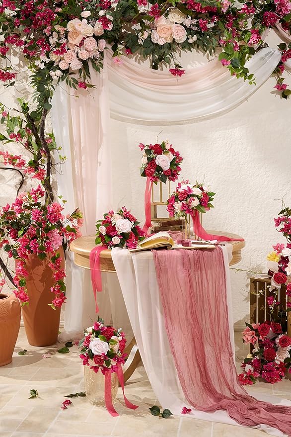Ling's Moment Pink White Artificial Wedding Arch Flowers Kit Pack of 4, 2pcs Hanging Flower Arrangement 2pcs Chiffon Drapes Ceremony Reception Silk Rose Arbor Backdrop Floral Garden Outdoor Decoration