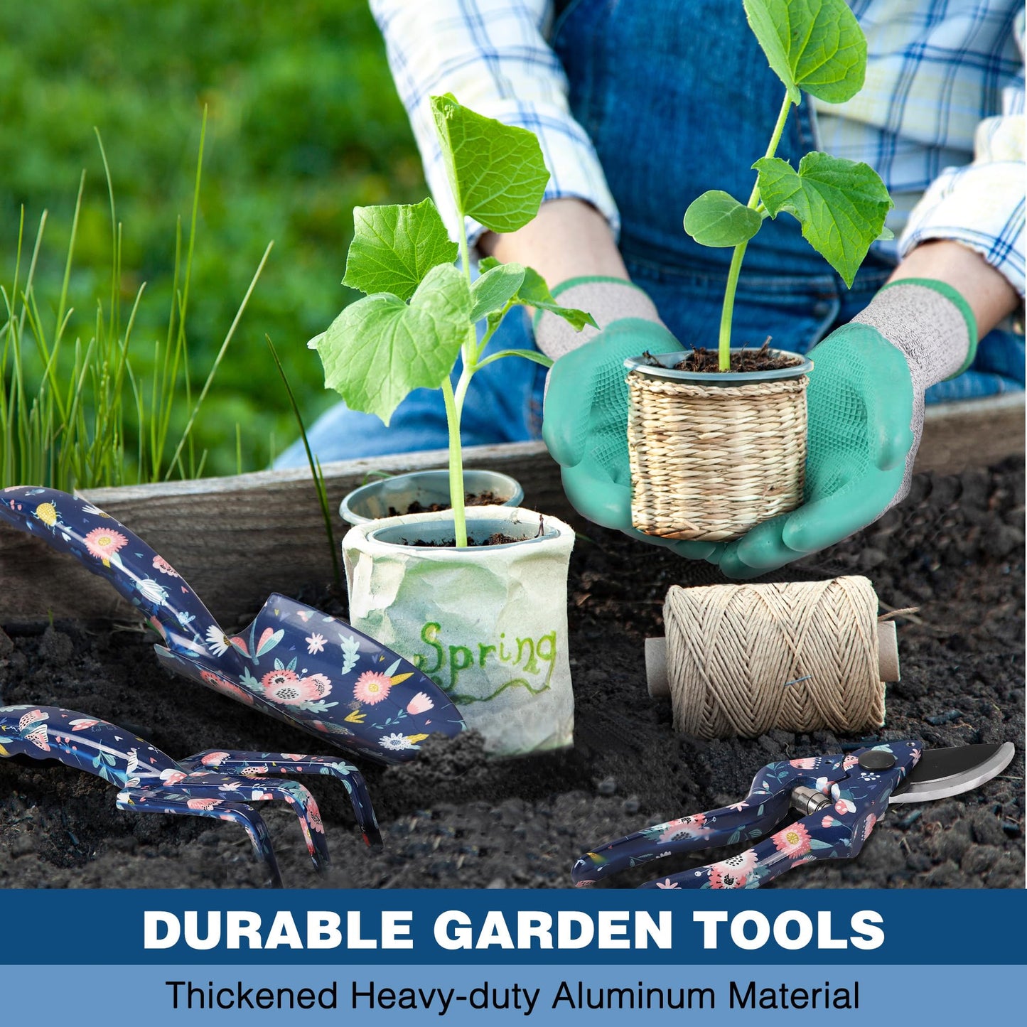 WORKPRO 5PCS Garden Tool Set, Aluminum Heavy Duty Gardening Tool Set with Garden Tool Bag, Outdoor Garden Hand Tools, Blue Insect and Flower