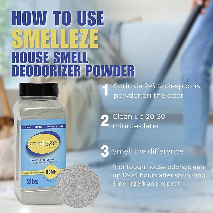 SMELLEZE Natural House Smell Deodorizer Powder - Natural Odor Eliminator for Home, Deodorizes Furniture, Drawers, Cabinets, Sofas, Mattresses, Carpets, Floors & more, 2 lb. Powder