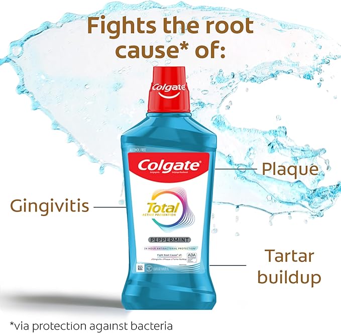 Colgate Total Alcohol Free Mouthwash, Peppermint for Bad Breath, Helps Prevent Gingivitis and Plaque, 3 Pack, 33.8 Oz Each
