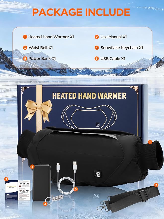 Heated Hand Warmer Pouch, 3-Stage Heat Electric Heated Hand Muff, 10000mAh Rechargeable Portable Power Bank Hand Warmer for Football, Hunting,Fishing,Camping,Outdoor Work