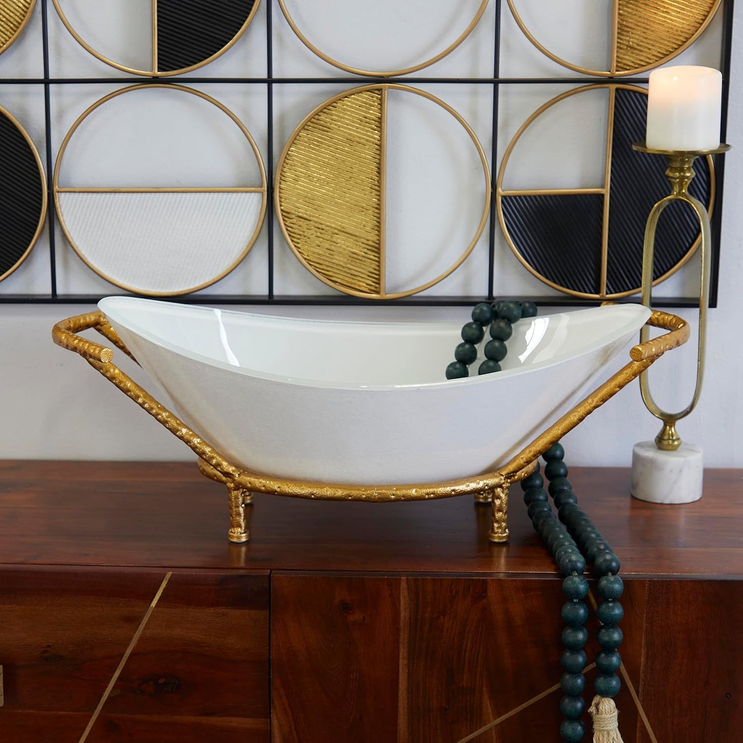 Deco 79 CosmoLiving by Cosmopolitan Glass Kitchen Serving Bowl with Gold Metal Stand, 25" x 14" x 9", White