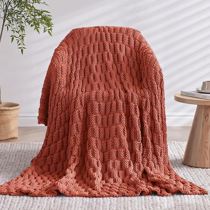Knitted Weighted Blanket Adult, No Beads Heavy Blanket 60” x 80'' 12lbs, Breathable Chunky Knit Blanket, Cooling Weighted Blanket for Hot Sleepers, Christmas Home Decor (Orange)