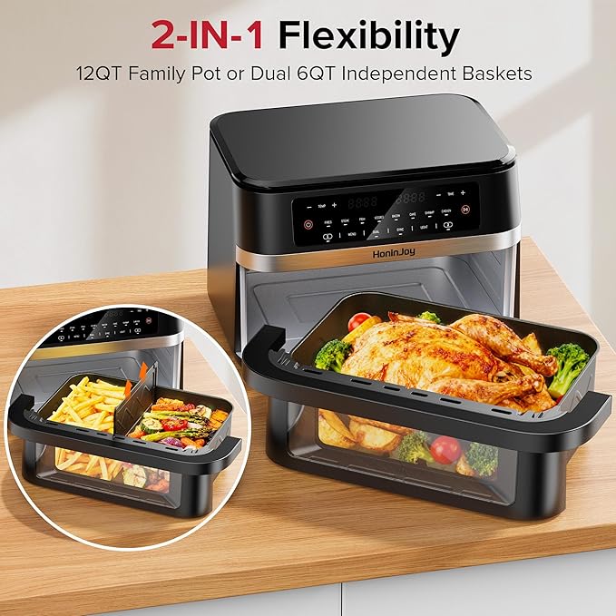 12QT Large Dual Basket Air Fryer with Flex Basket, Viewing Window and 50PCS Paper Liners, 12-in-1 Family Size with Sync & Dual & Light, Double Zone for Bake, Roast, Reheat, Dishwasher Safe