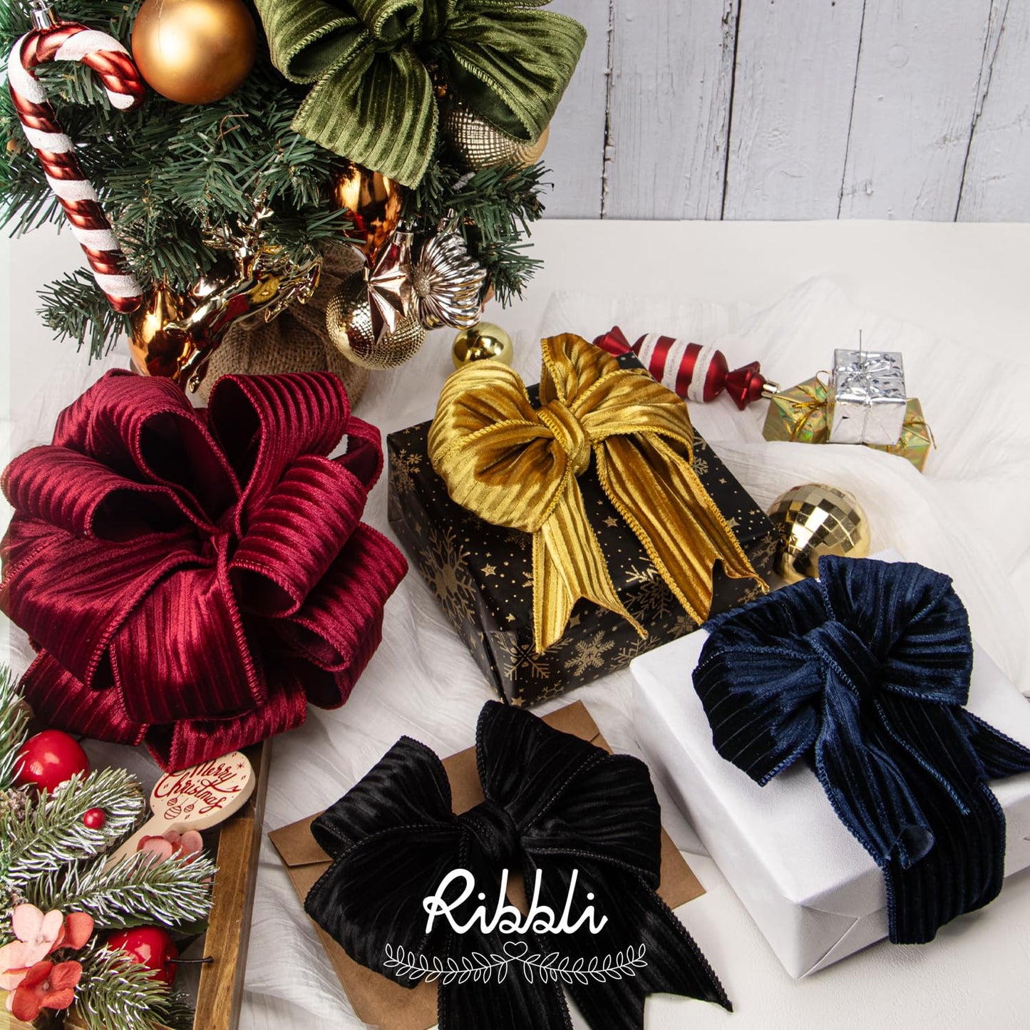 Ribbli Glossy Navy Velvet Wired Ribbon 2.5 Inch Striped Velvet Christmas Ribbon for Gift Wrapping Christmas Tree Decoration Crafts Wreaths Supplies-Continuous 10 Yards