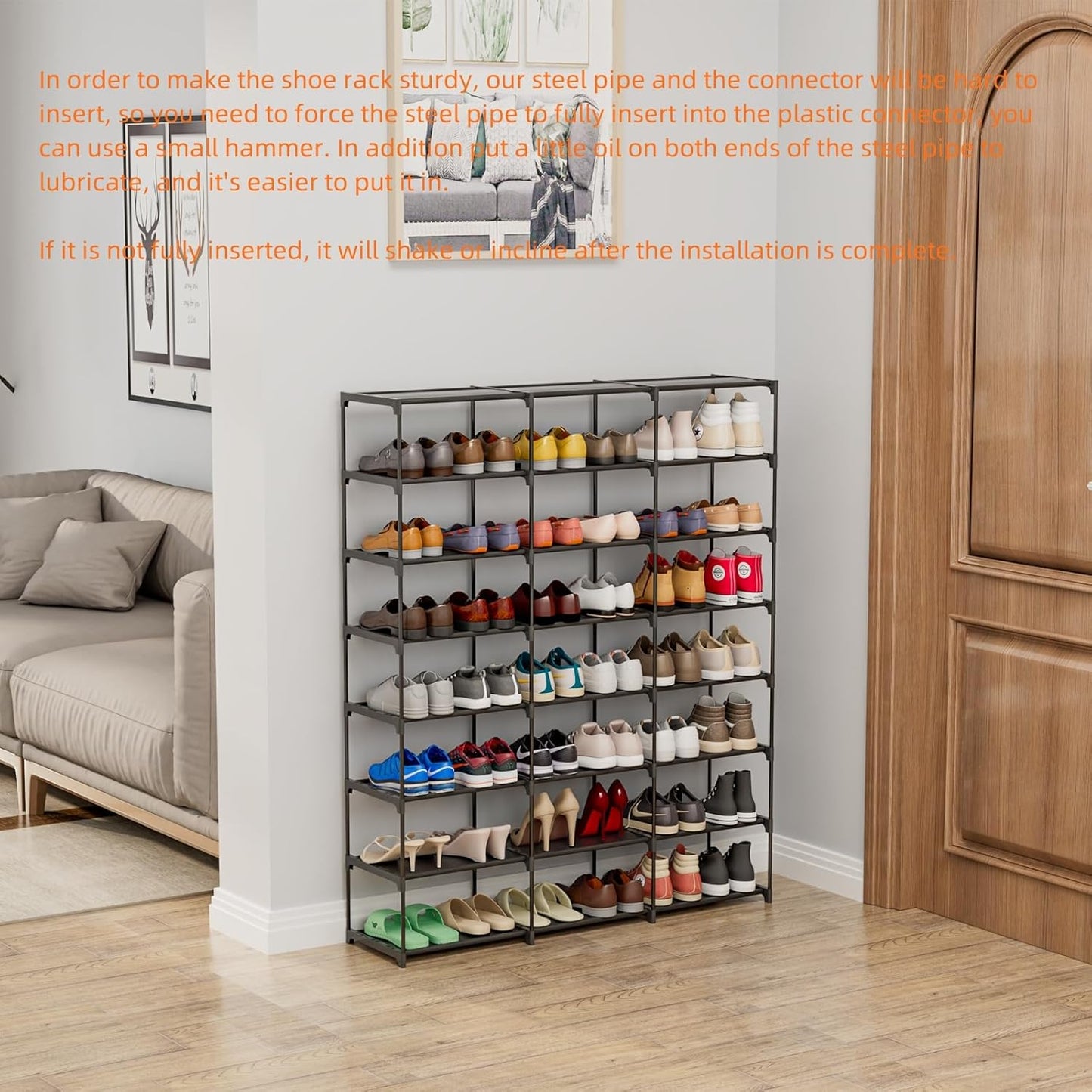 Large Shoe Rack 3 Row 8 Tier 40-60 Pairs Shoes Boots with Plastic Plate Home Sturdy Storage Organizer Shelf for Garage Entryway Hallway Front Doorway