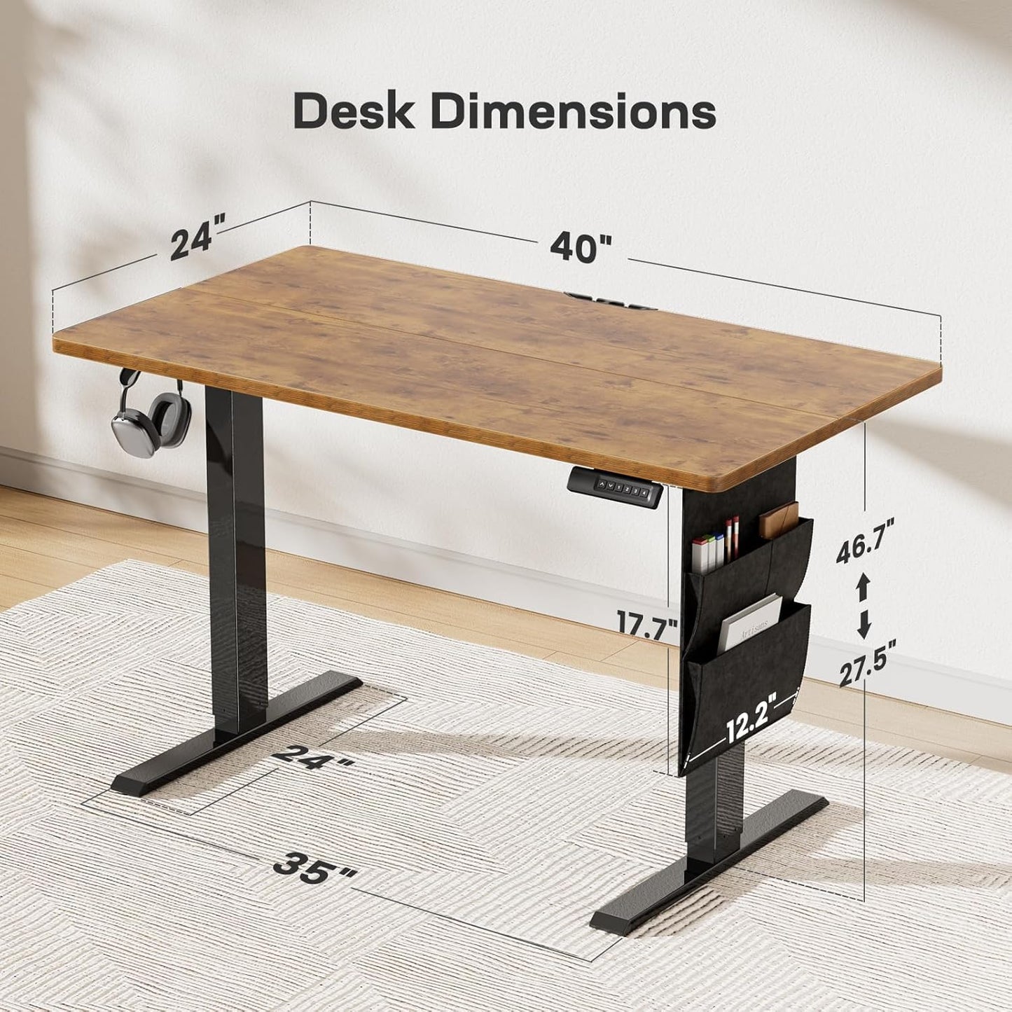 HUANUO Electric Standing Desk, 40 x 24 Inch Height Adjustable Computer Desk with Storage Bag, 4 Height Memory Settings, Sit Stand Up Desk for Home Office, Rustic Brown