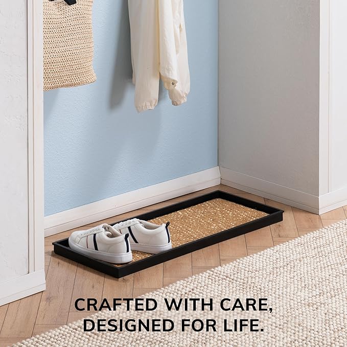 Anji Mountain Heavy Duty Waterproof Rubber Shoe Storage Mat Organizer/Boot Storage Tray Multi Use for Entryway with Coir, Tan and Khaki Insert, Fits 3 Pair (34.5" Wide)