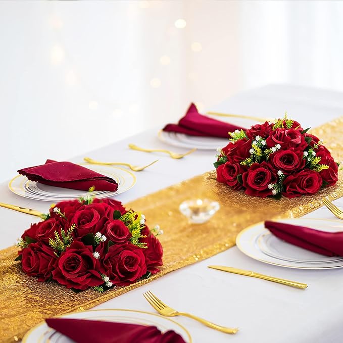 BLOSMON Flower Balls Wedding Rose Centerpieces: 2 Pcs Crimson Red Fake Flowers Kissing Balls Decor - Artificial Silk Roses Floral Arrangement Home Party Table DIY Decorations