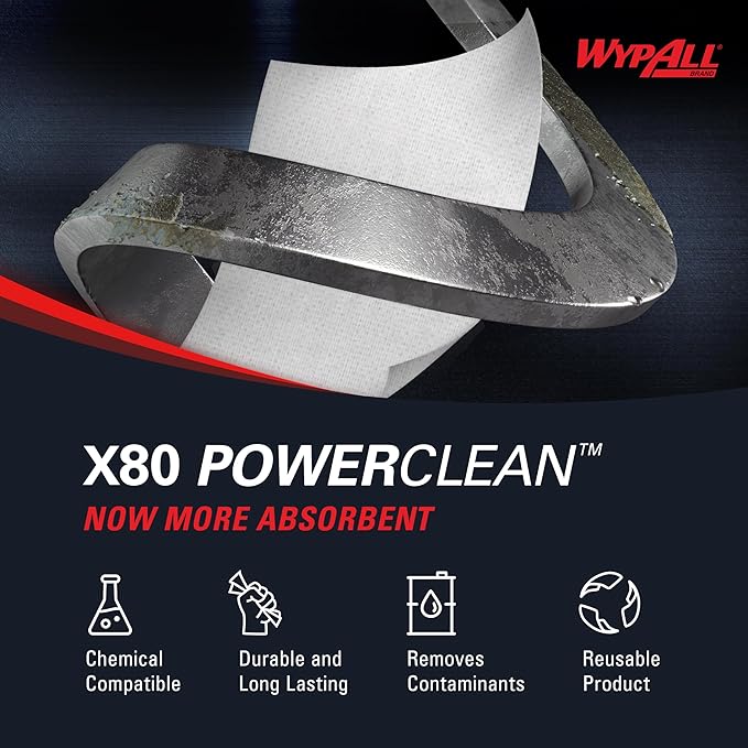 WypAll PowerClean X80 Cloths Heavy Duty Wipes (41025), Jumbo, Extended Use Towels, White (1 Roll of 455 Sheets, 455 Sheet Total)
