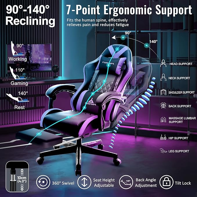 Gaming Chair,Ergonomic Massage Computer Office Desk Chair with Footrest,Pocket Spring Cushion,Reclining Leather Adjustable Gamer Chair with Headrest and Lumbar Support,Purple