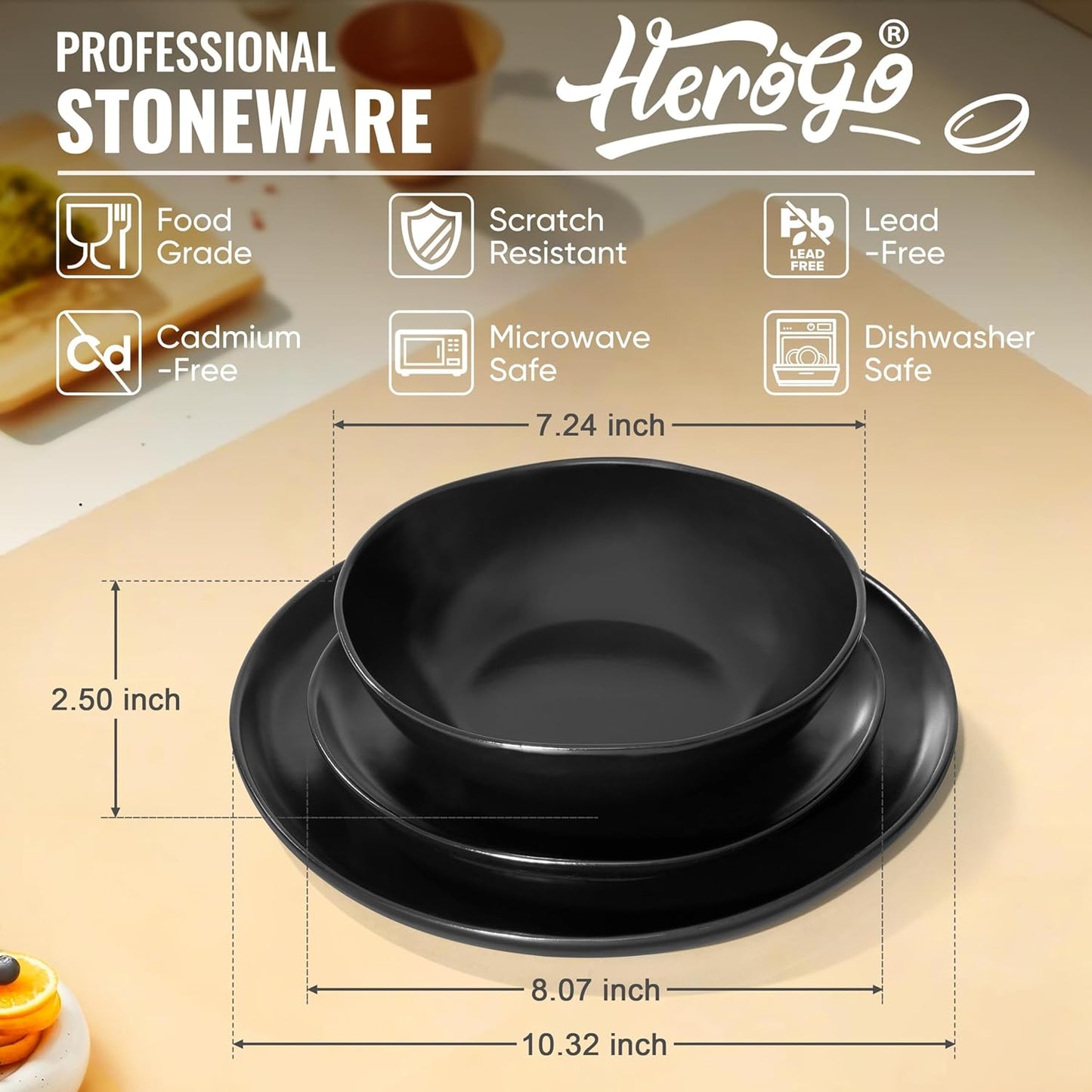 Herogo 12Pcs Plates and Bowls Set for 4, Irregular Handmade Stoneware Dinnerware, Crack and Scratch Resistant, Microwave & Dishwasher Safe, Reactive Glaze, Artistic Rustic Tableware, Matte Black