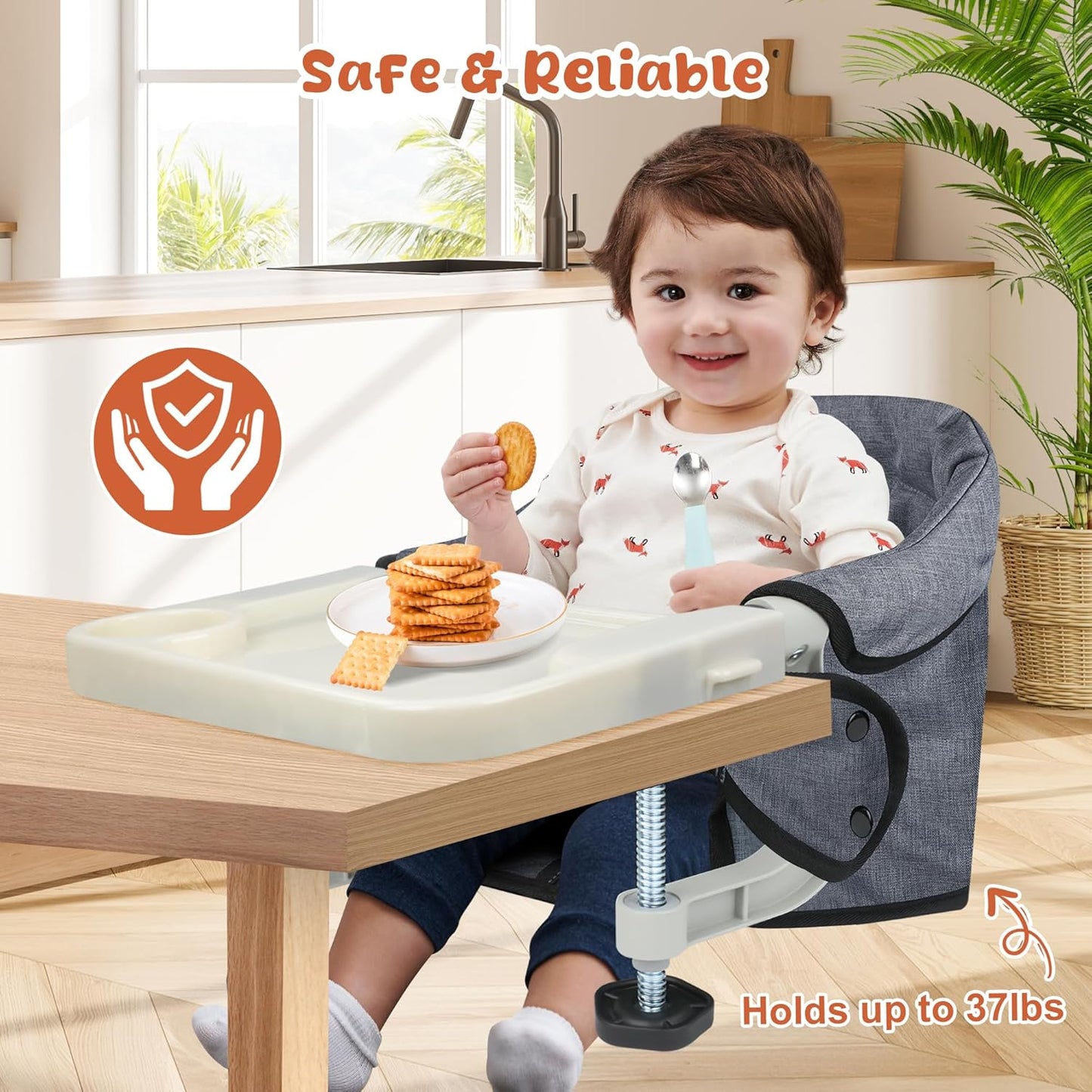 Hook On High Chair, Jozzve Clip on High Chair with Removable Dining Tray for Babies and Toddlers, Fold-Flat Storage Portable Baby Feeding Seat, Attach to Fast Table Chair for Home Travel (Grey)
