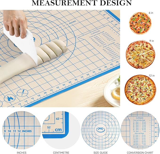 Silicone Baking Mat,28in×20in & 16in×12in Pastry Mat,Measuring Non-slip Dough mat Mats for Baking,Kneading Dough,Table Mats Blue (2Pack)
