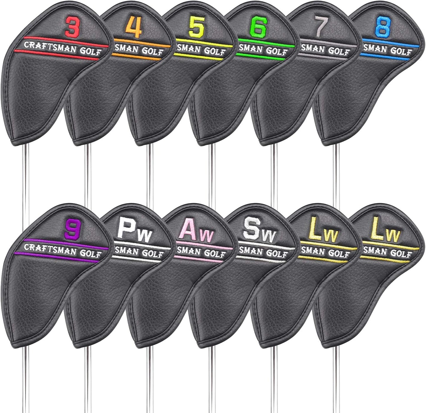 CRAFTSMAN GOLF 12pcs or 1pc Black Leather Golf Iron Head Covers Set Headcover Colorful Number Embroideried for Callaway Ping Taylormade Cobra Also Custom Version w/Your Name