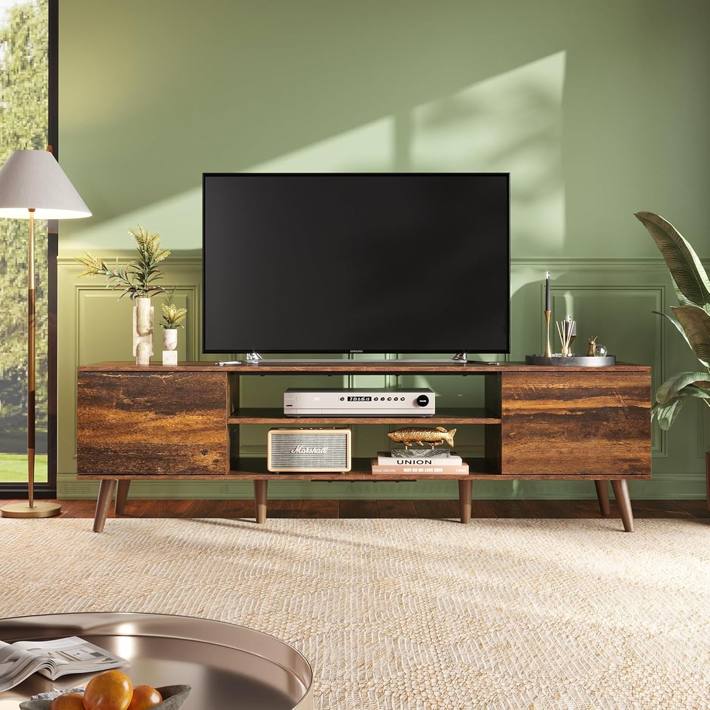 WLIVE TV Stand for 65 70 inch TV, Mid Century Modern TV Console, Entertainment Center with Storage for Living Room, Retro Brown