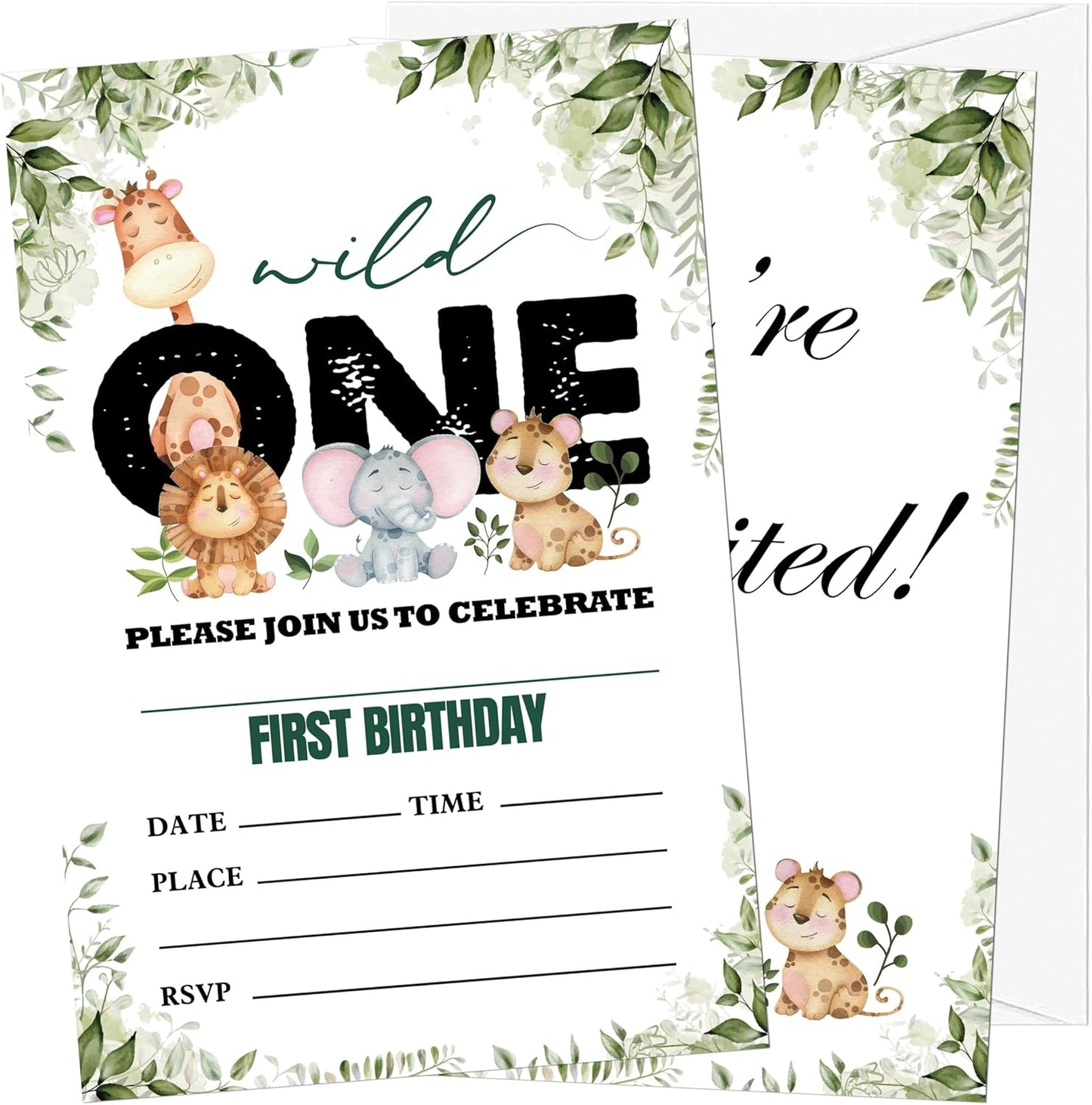 Wild One Birthday Invitations, 20 Invitation Cards with Envelopes, Safari Zoo Invites for Party Decorations Favor Supplies - A15