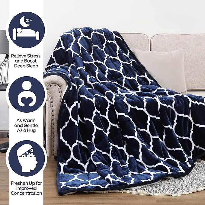 Cottonblue Morocco Fashion Print Weighted Blanket 15lbs, Sherpa Fleece Weighted Blanket for Adult, Dual Sided Fluffy Fuzzy Plush Thick Throw Blanket for Sofa Bed, 60x80 inches, Navy Blue