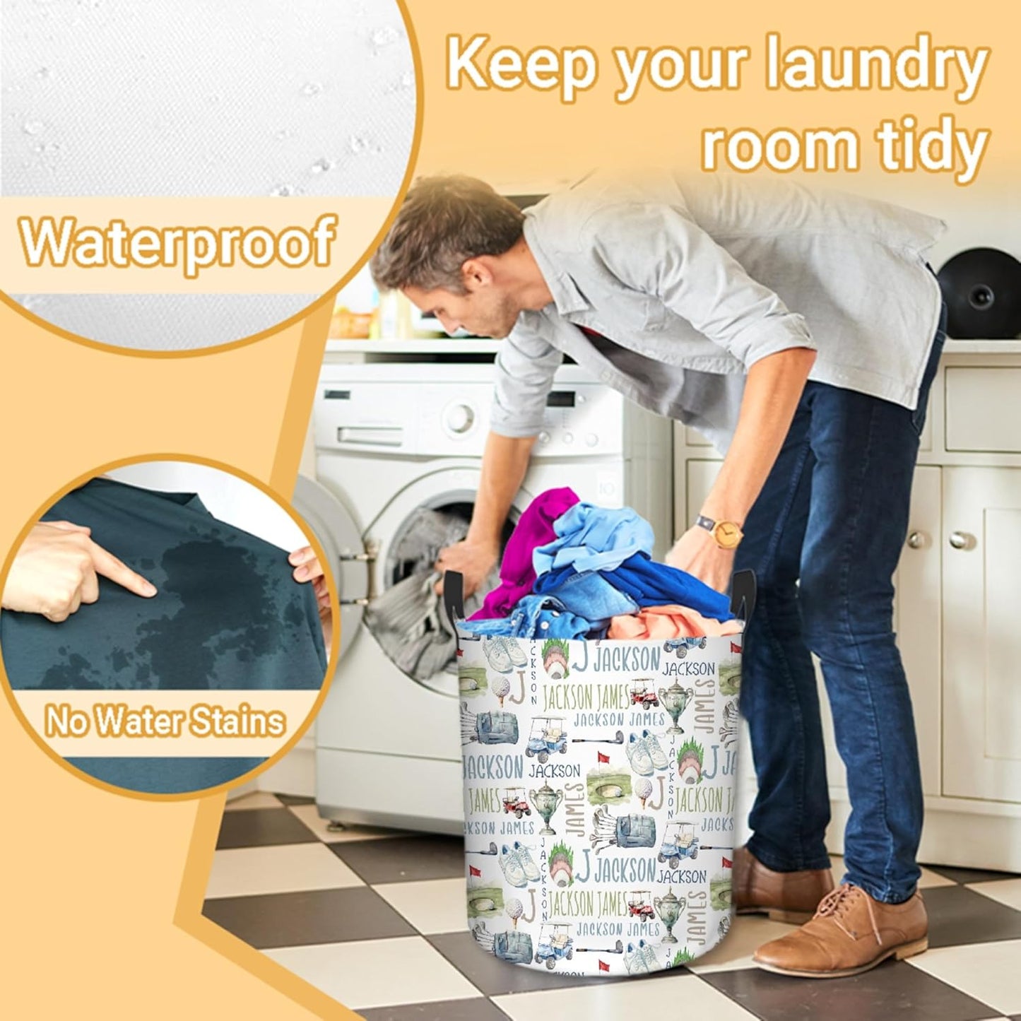 Personalized Golf Laundry Basket, Custom Sports Laundry Hamper With Name Gifts For Kids Baby Adults, Collapsible Dirty Clothes Storage Organizer With Handles S 16.5 X 13.8in