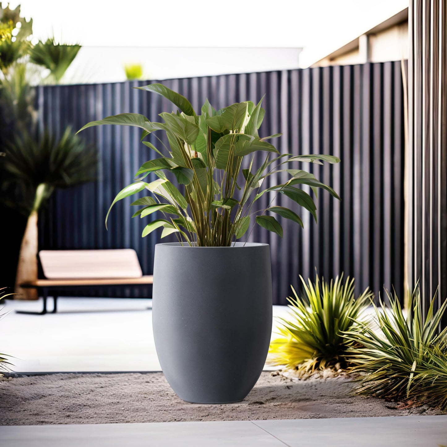 Kante 21.7" H Charcoal Concrete Tall Planter, Large Outdoor Indoor Decorative Pot with Drainage Hole and Rubber Plug, Modern Round Style for Home and Garden