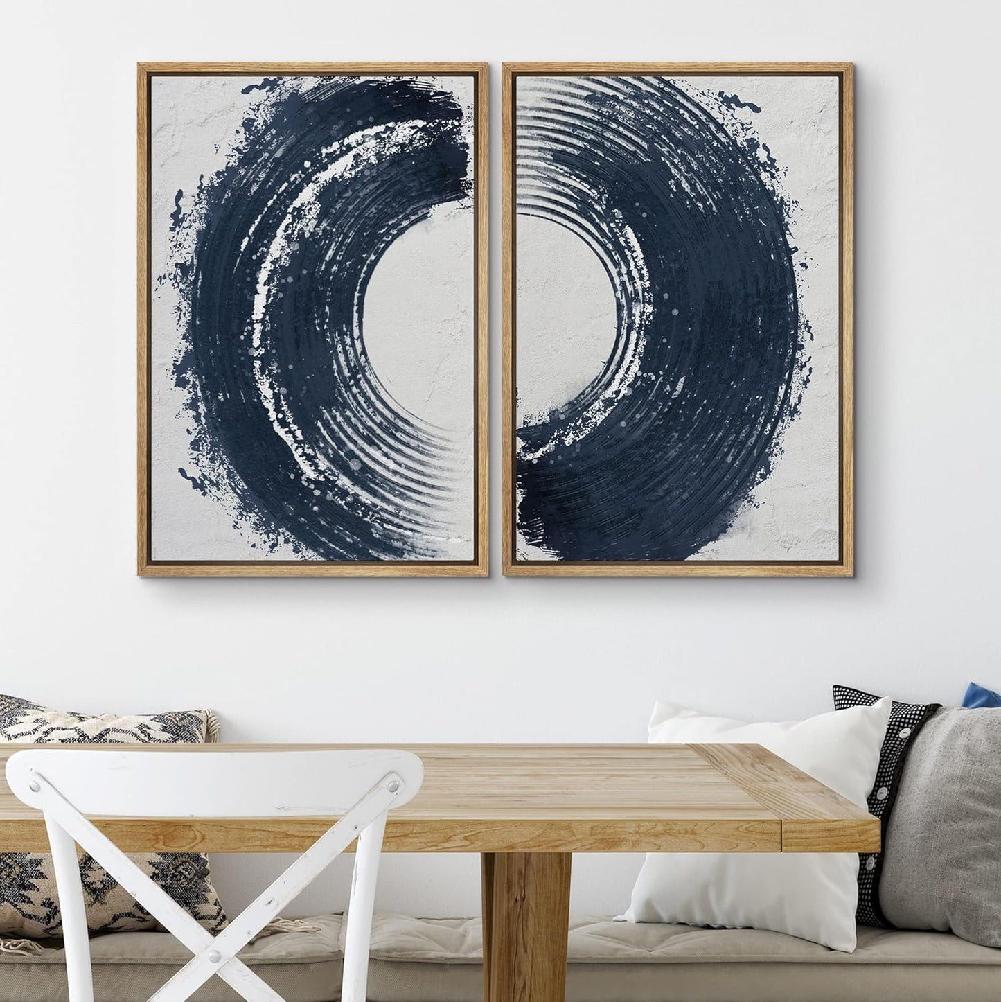 SIGNWIN Framed Canvas Print Wall Art Set Black Gray Pastel Paint Stroke Spiral Ring Abstract Shapes Illustrations Modern Minimal Decorative for Living Room, Bedroom, Office - 24"x36"x2 Natural