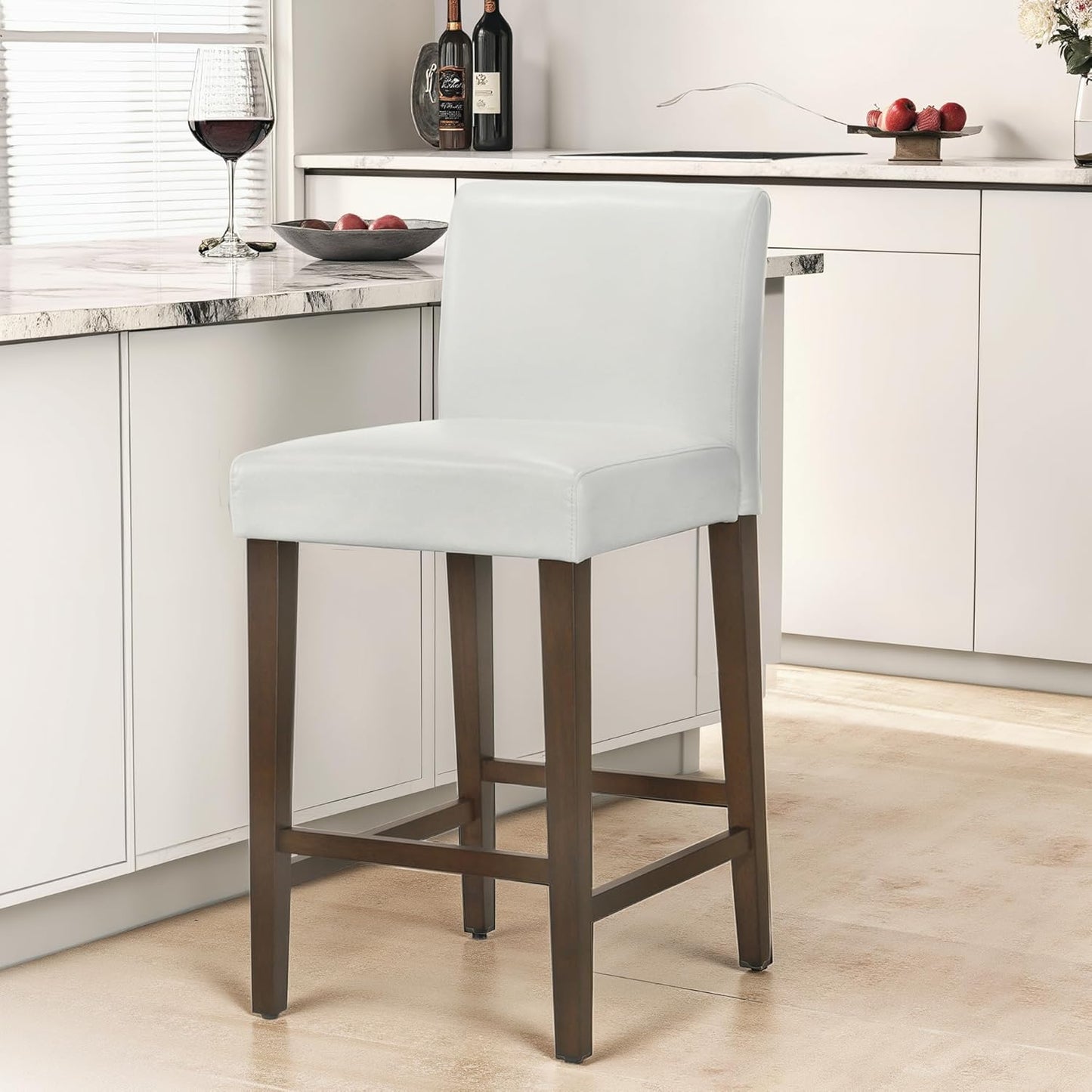 CHITA Counter Height Bar Stools Set of 3, 27" H Seat Height Upholstered Barstools, PU Leather in White