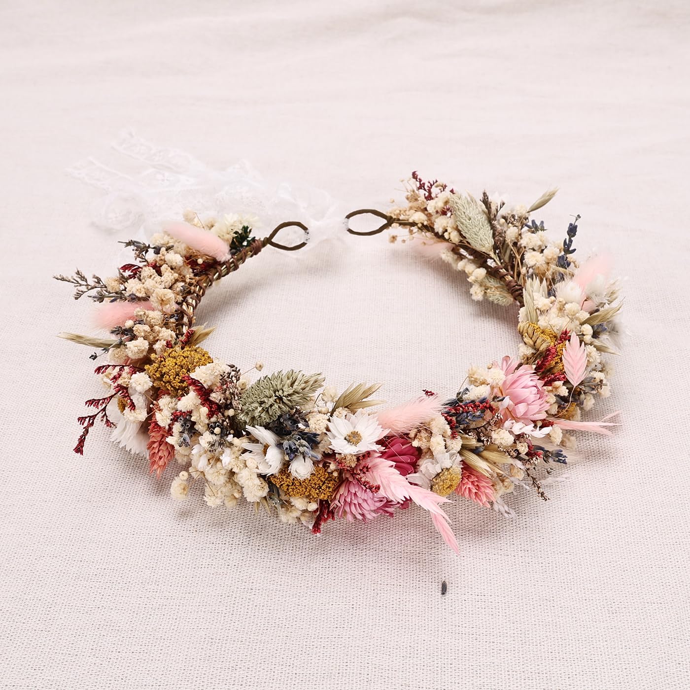 PoshMyra Handcrafted Dried Flower Crown, Natural Preserved Daisy Wreath Headband in Cream and Pink, Rustic Wedding Hair Garland for Kids and Flower Girls