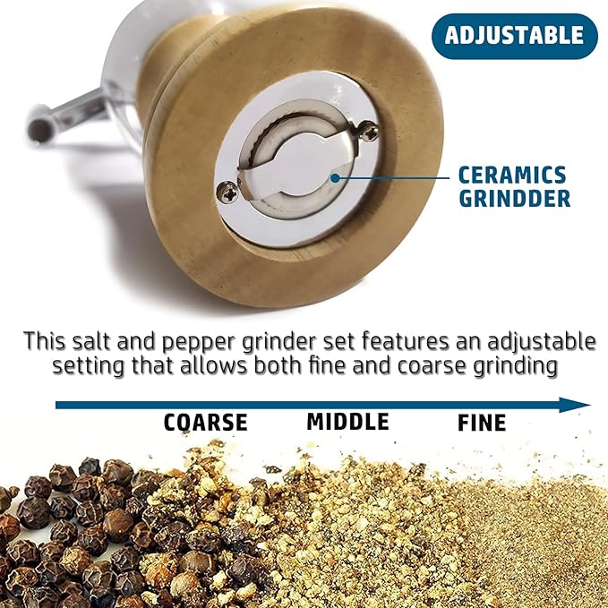 Salt and Pepper Grinder Set Manual Pepper Mill Set Classical Hand Shake Wooden Salt Mill Acrylic Ceramic Blades Upgrade Metal Handle, Enjoy Fresh Ground Pepper Salt Various Spices (2pcs-5in)