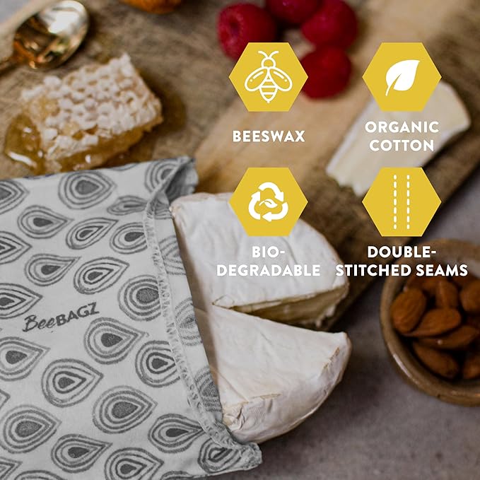 BeeBAGZ - Beeswax Wrap Storage Bag, Reusable Food Storage Bags, Pack of 3, Plastic Free Biodegradable Food Wrap Alternative, Lunch Pack, 2 Small + 1 Medium, (Grey)