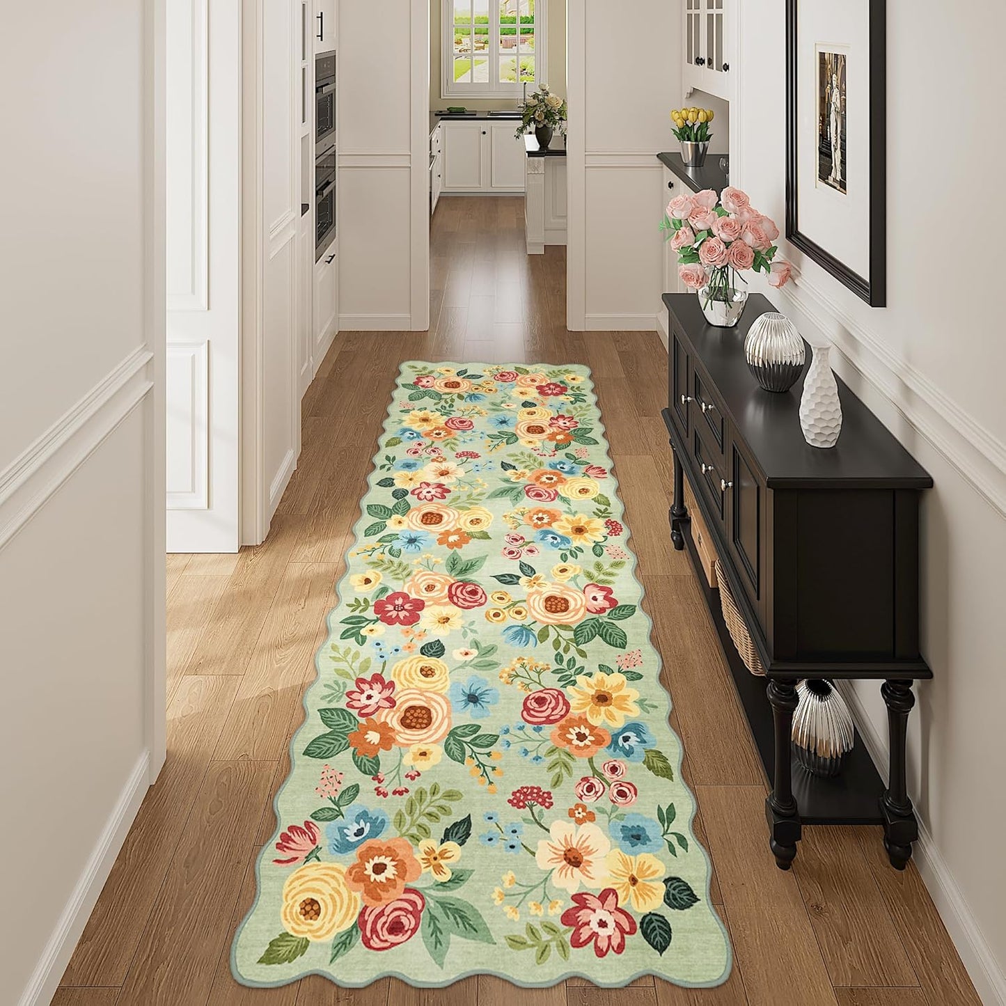 DUKINO 2x10 Runner Rug for Hallway, Washable Kitchen Rug with Non Slip Backing & Non-Shediing, Soft Low Pile Floral Design Runner for Bedroom, Kithchen, Living Room, Laundry, Bathroom, Green