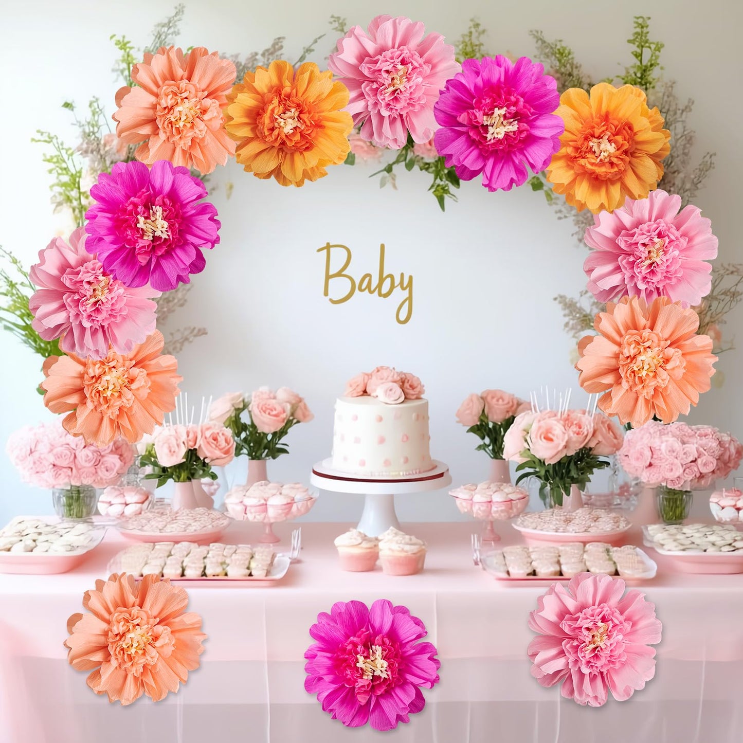 SUNBEAUTY 12PCS Large Paper Flowers 12 Inch Pink Orange Tissue Paper Flowers Pink Orange Giant Crepe Paper Flowers for Girl Women Birthday Wedding Flower Backdrop Wall Spring Garden Party Supplies