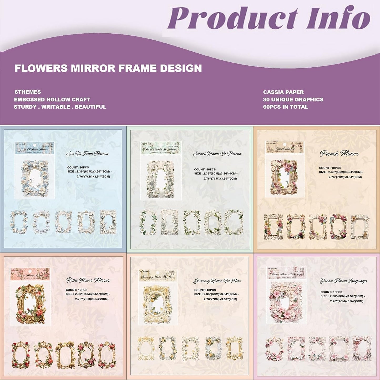 Maxleaf Vintage Frame Cards Set, 60PCS Hollow Flowers Retro Mirror Frame Collage Paper for Scrapbooking Journaling DIY Crafts Planner Diary Album Handmade Work Journal Photo Selfie Decorations