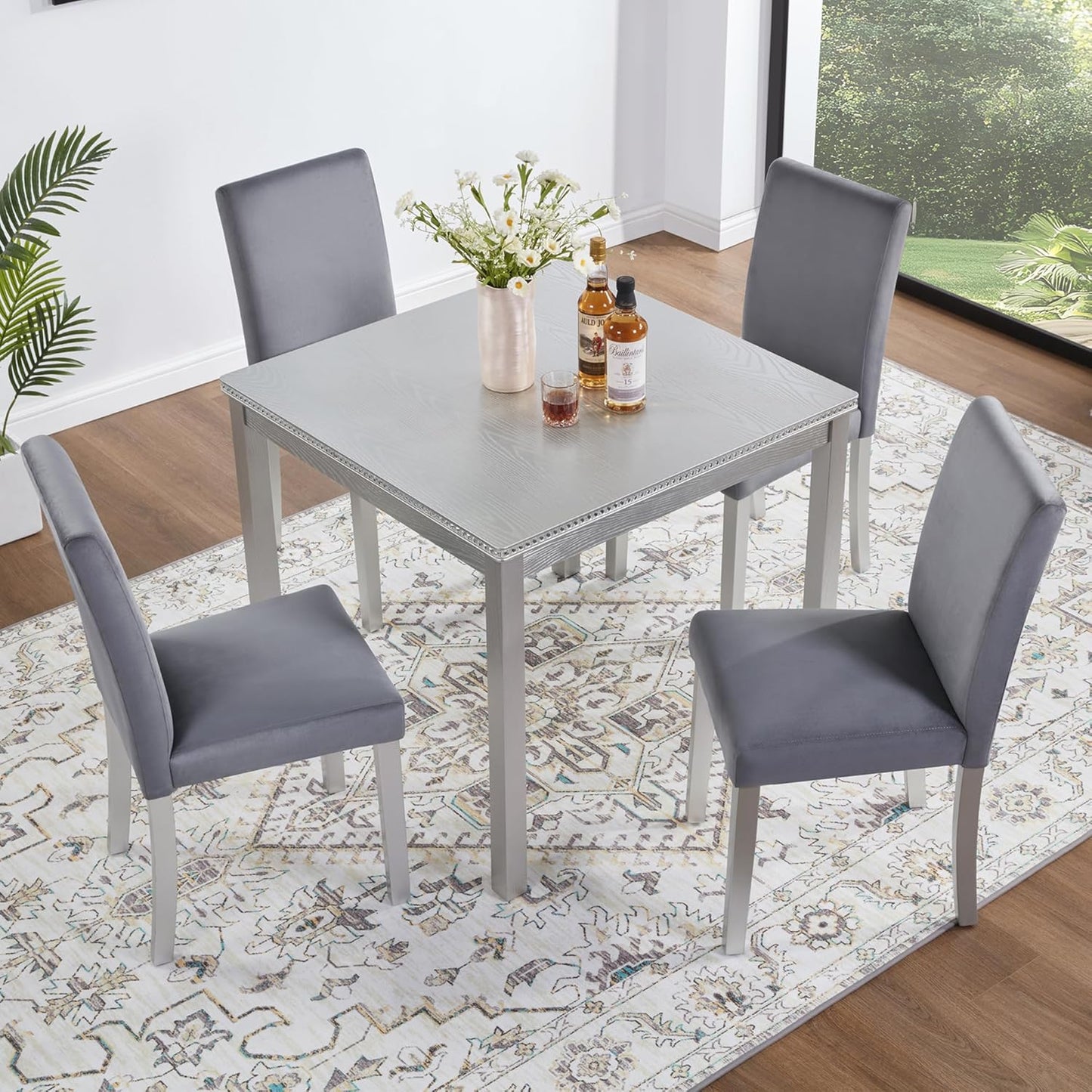 KEIKI 5-Piece Standard Height Dining Table Set with Square Table and 4 Upholstered Chair, for 4 Person, Classic Crystal Decoration Wood Table Set, Easy Assembly, for Kitchen, Dining Room, Silver Grey