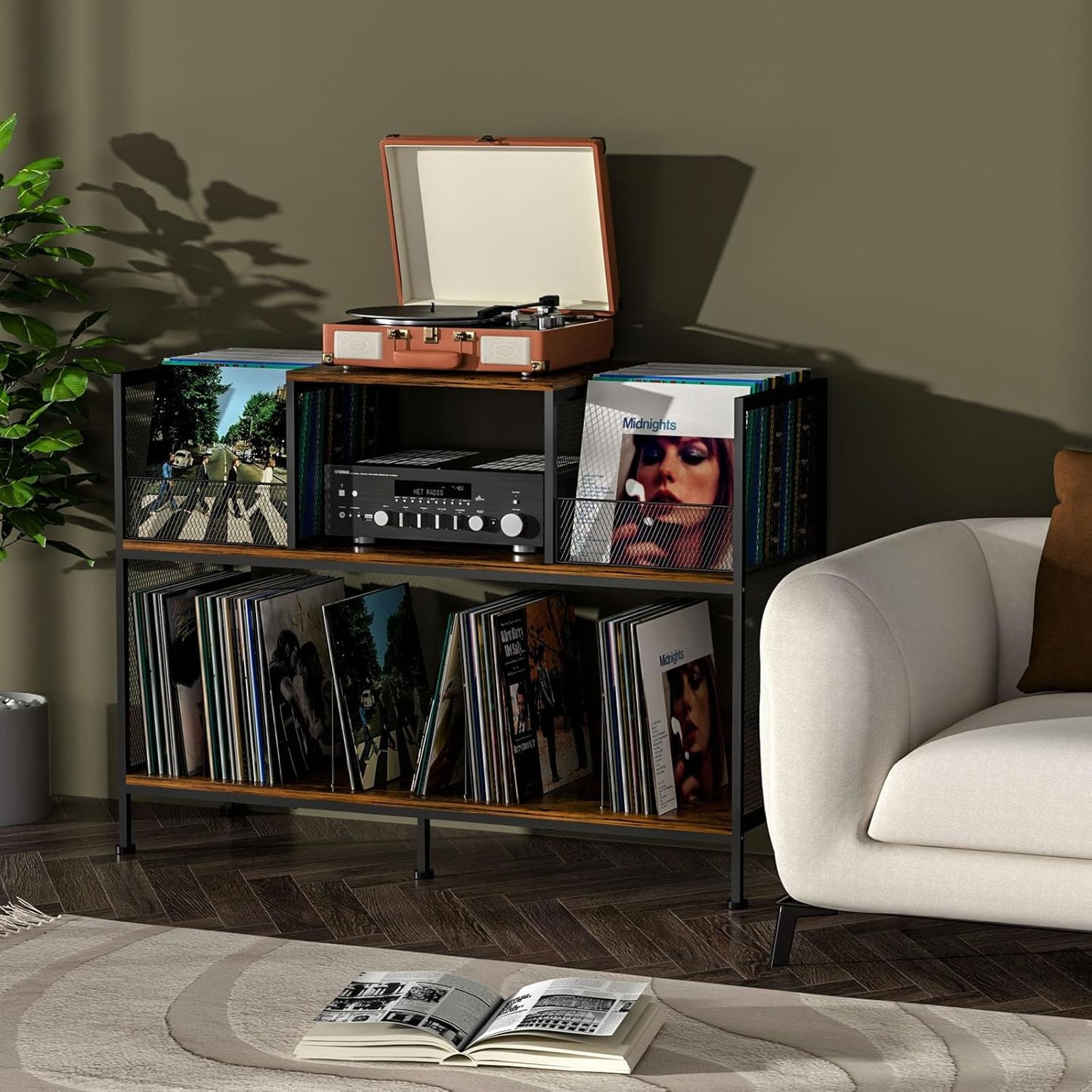Large Vintage Record Player Table with 4 Adjustable Dividers, Vinyl Record Storage Cabinet for Up to 350 Albums, Medieval Turntable Stand for Living Room, Bedroom (Patent Pending)