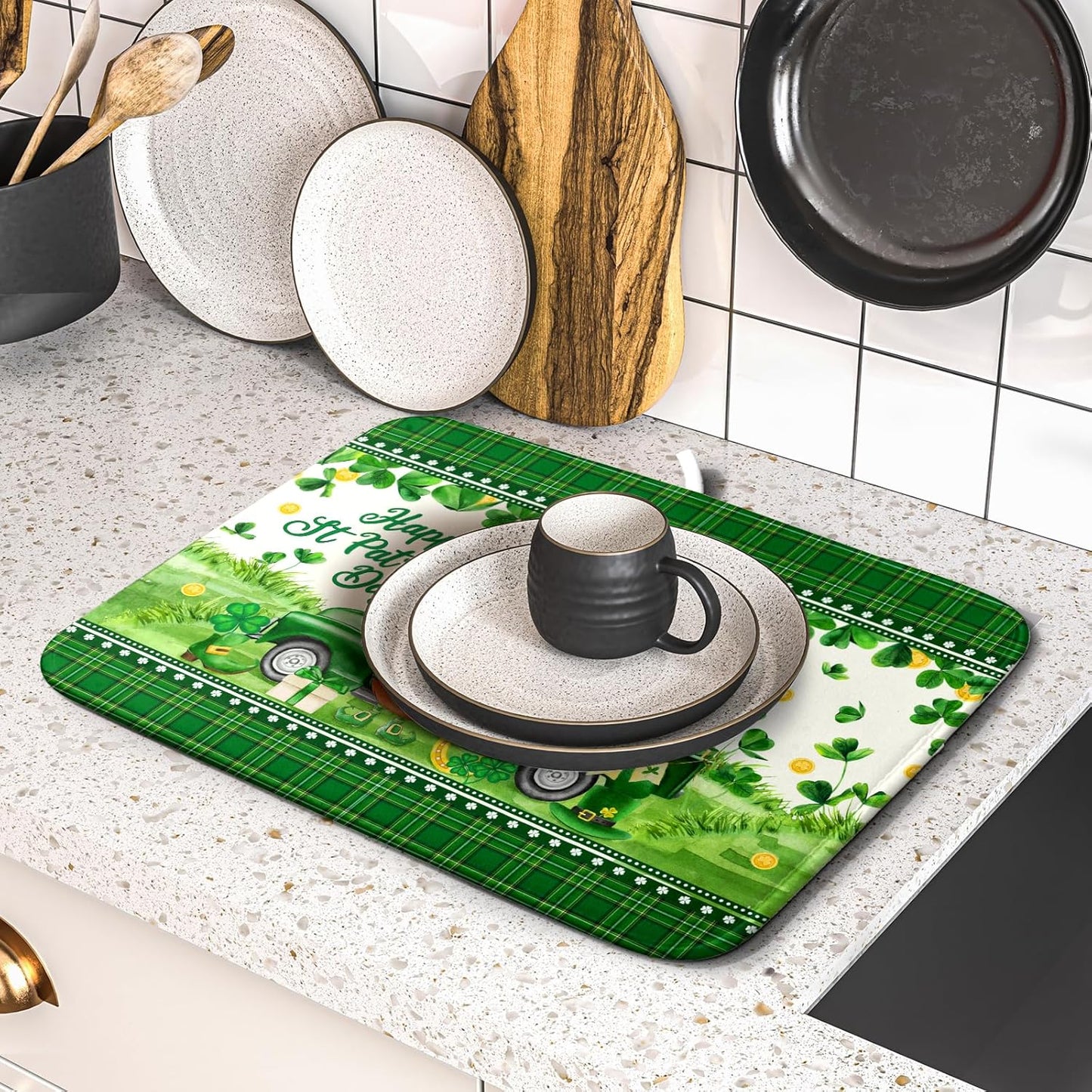 Shamrock Truck Dish Drying Mat Buffalo Check Dish Drainer Mat 16x18 inch Reversible Microfiber Quick Dry Rack Pad for Kitchen Counter Sink