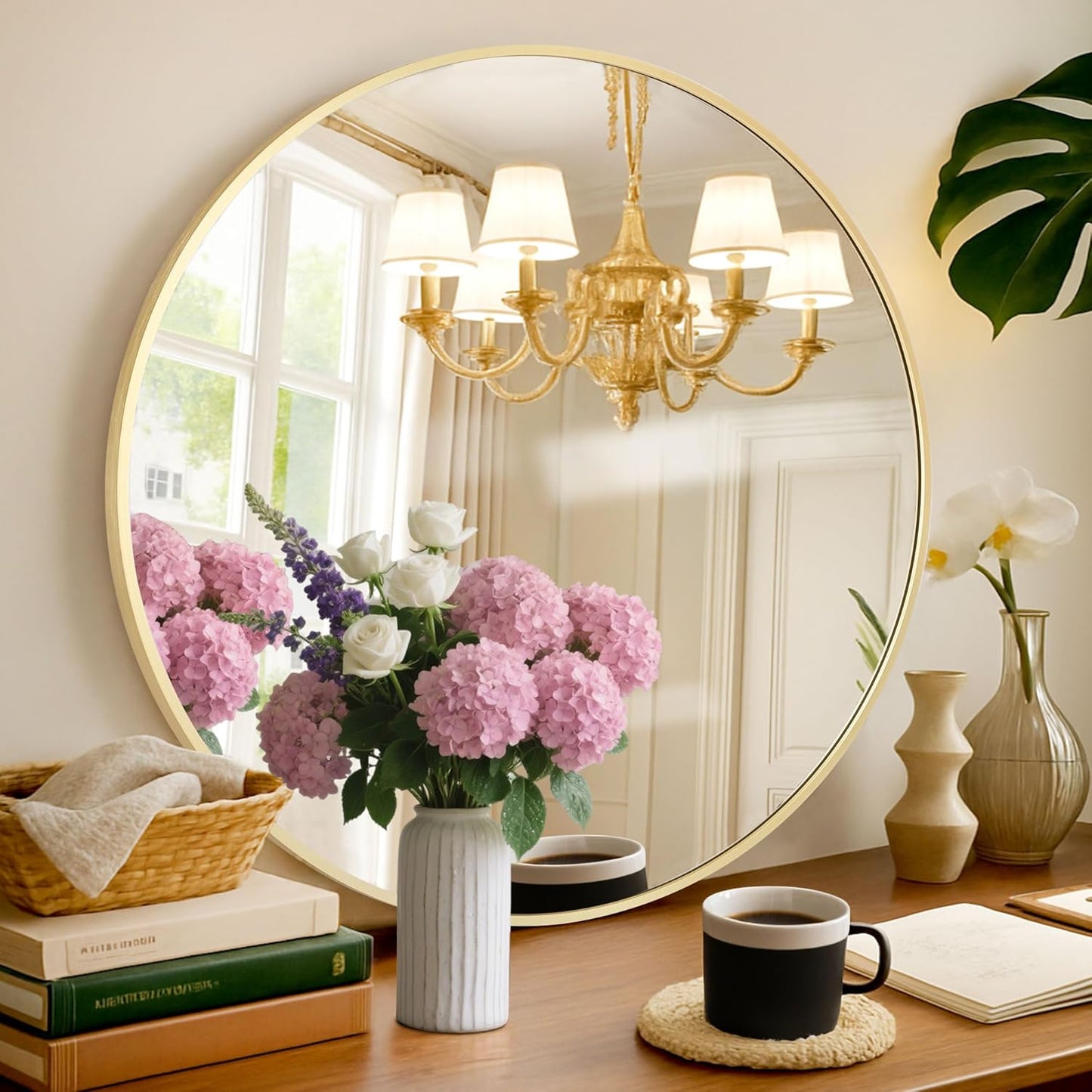Circular Mirror Gold Round Mirror 18 Inch Round Bathroom Mirror Wall Mirrors Brushed Metal Frame Anti-Rust Tempered Glass for Bathroom Bedroom Entryway Living Room