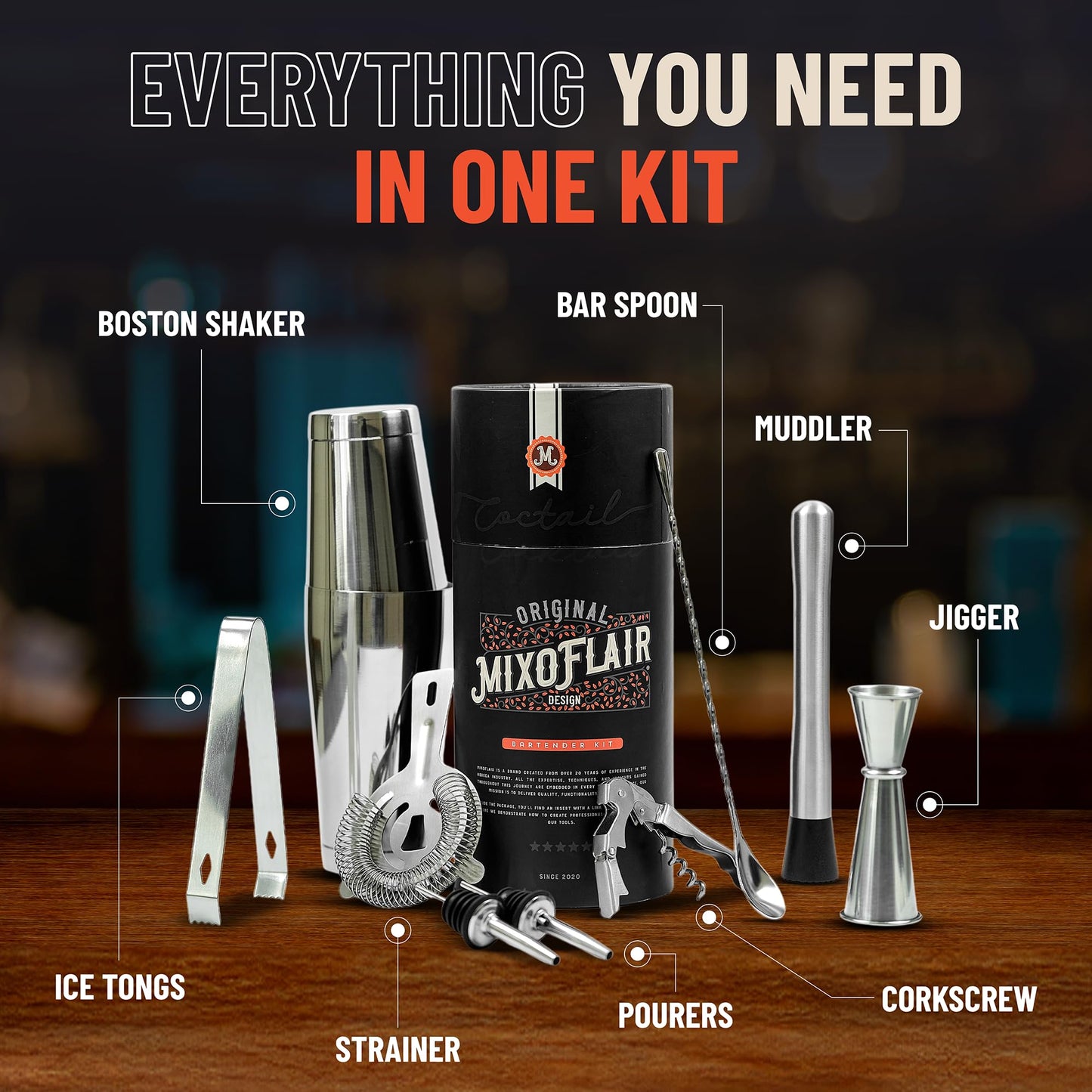 Mixology Bartender Kit with Boston Cocktail Shaker - 9pc Stainless Steel Bar Tool Set - Drink Mixer, Cocktail Accessories, Home Bar Essentials, Martini Barware Set, Men or Women Bartending Gift