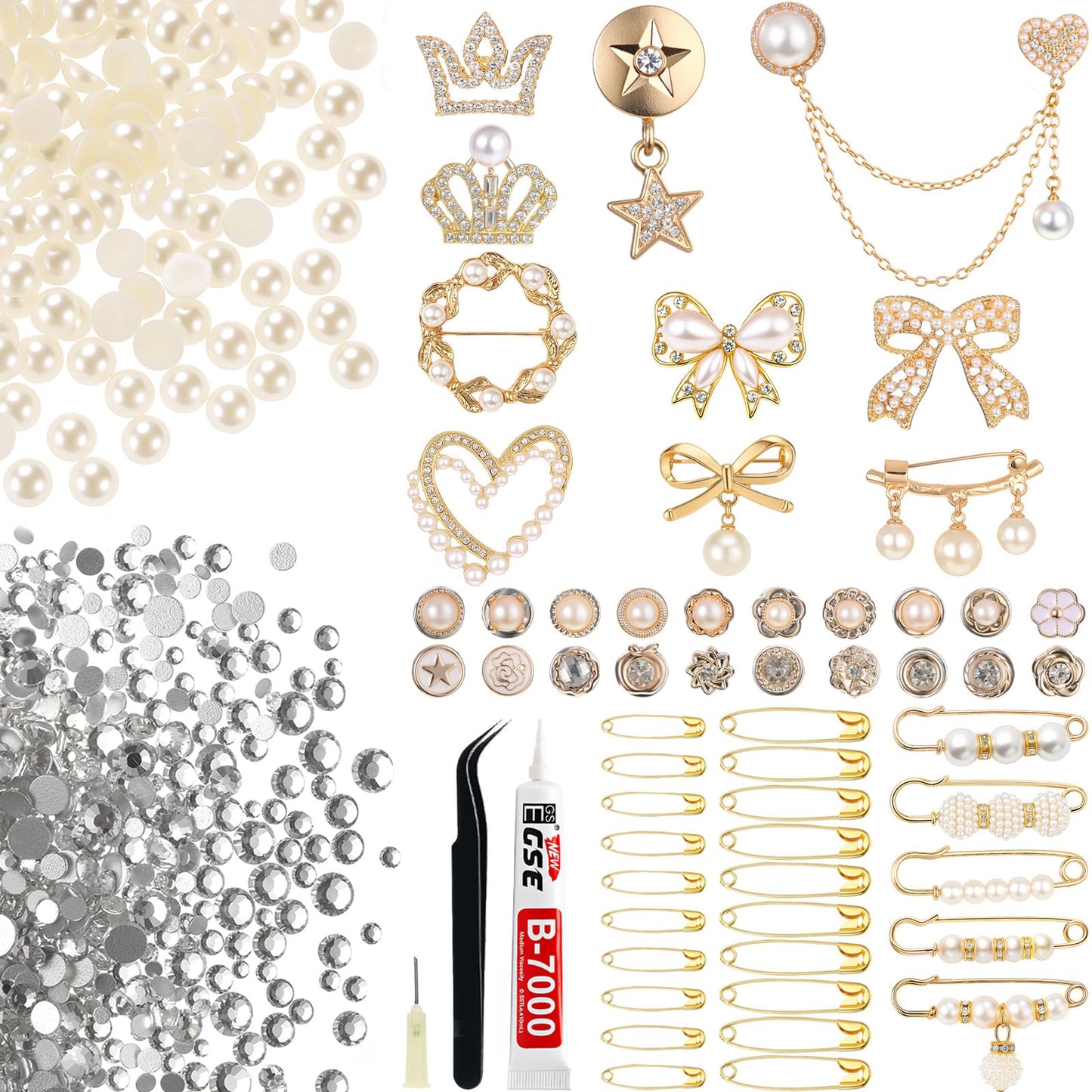 Suncalla 1499 Pcs Junk Socks Charms Kit Gold Brooches and Pins for Women, Pearl Patch Rhinestone Charms with Safety Pins DIY Accessories for Socks Dress Clothes Hats Shoes Scarf Shawl Decoration
