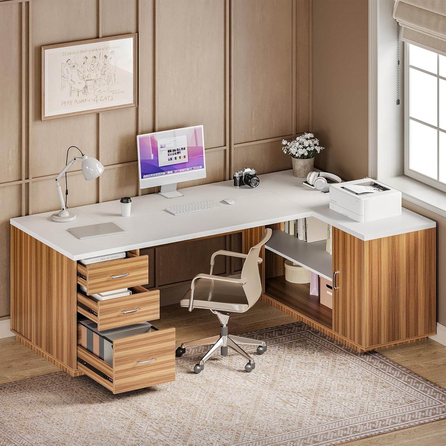 LITTLE TREE 87-Inch Modern Executive Desk with File Cabinet, Large Home Office Desk with Drawers, 3-Drawer Wooden File Cabinet, Spacious Workstation for Home Office (White & Brown)