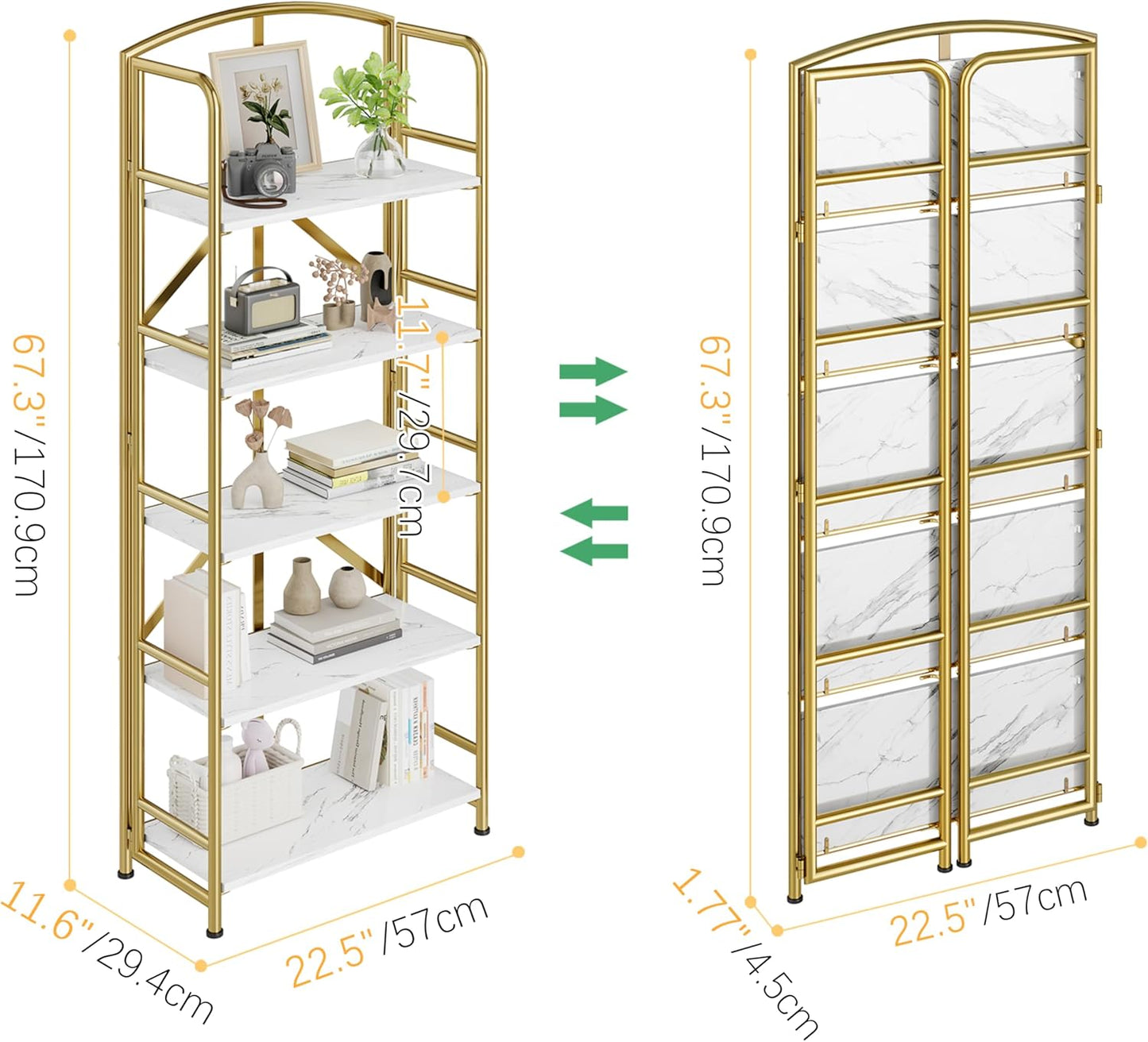 No-Assembly Folding Gold Bookshelf Storage Shelves 5 Tiers Vintage Multifunctional Plant Flower Stand Storage Rack Shelves Bookcase for Home Office