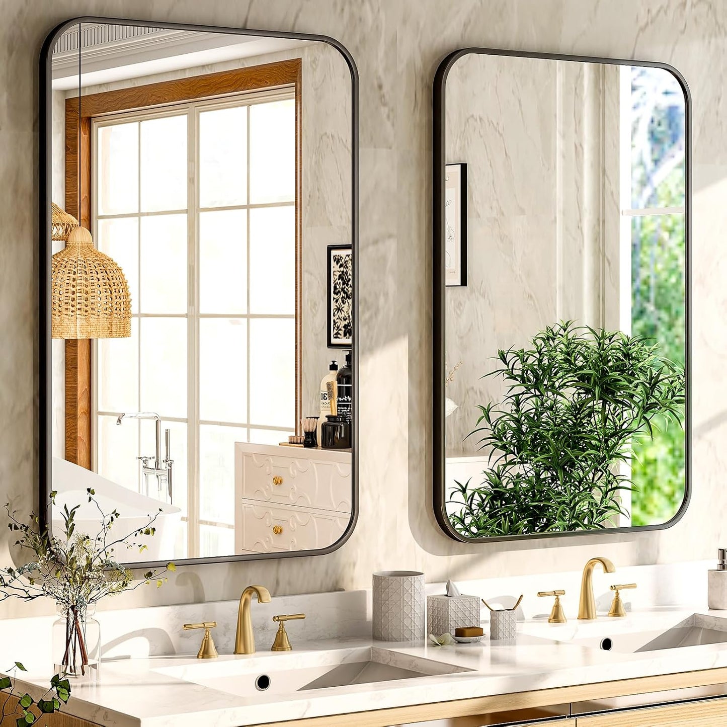 26 x 38 Inch Bathroom Mirror, Rounded Rectangular Vanity Mirror for Wall, Modern Mirror for Room Decor, Black Framed Wall-Mounted Mirrors for Home Decor, Hangs Horizontally or Vertically
