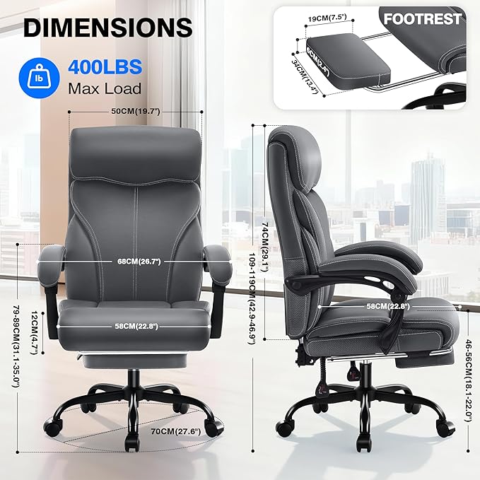 Office Chair - Ergonomic Comfortable High Back Computer Desk Chair with Foot Rest - Executive Breathable Swivel Rolling Reclining Leather Chair with Lumbar Support for Home Gaming Relaxing