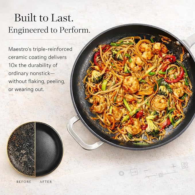 Alva Maestro 4QT Ceramic Nonstick Sauté Pan with Lid – Made With No PTFE, PFOA, PFAS, Oven & Induction Safe to 400°F – Easy Clean, Deep Sauté Pan for Family Meals, Braising & One-Pot Cooking