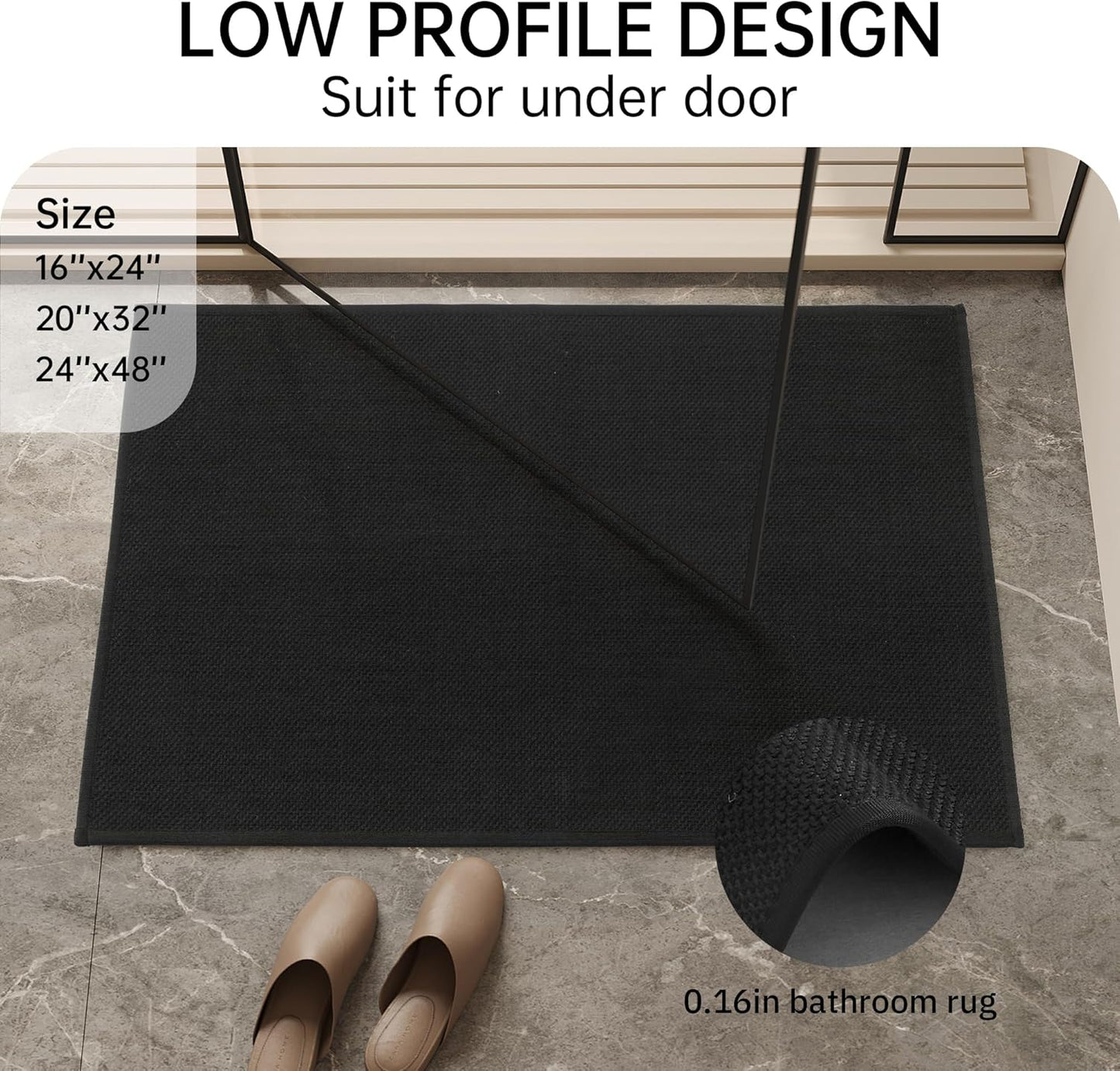 Mecko Bath Mat, Ultra Absorbent Quick Dry Bathroom Floor Mats-Upgraded Thin Cozy Cloth Bathroom Mat(Black,24"x48")
