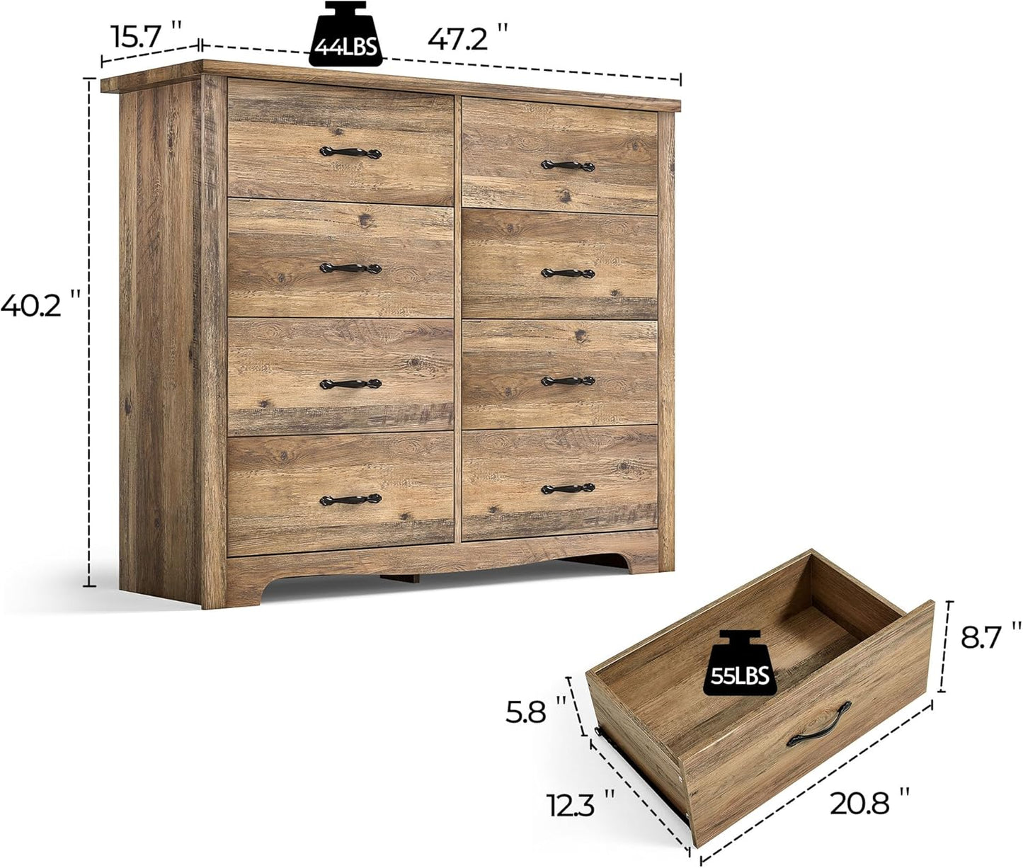 LINSY HOME 8 Drawers Dresser for Bedroom, 47" Wide Wood Dressers & Chests of Drawers, 40" Tall Modern Farmhouse Storage Dresser with Antique Handles for Closet, Living Room, Hallway, Rustic Brown
