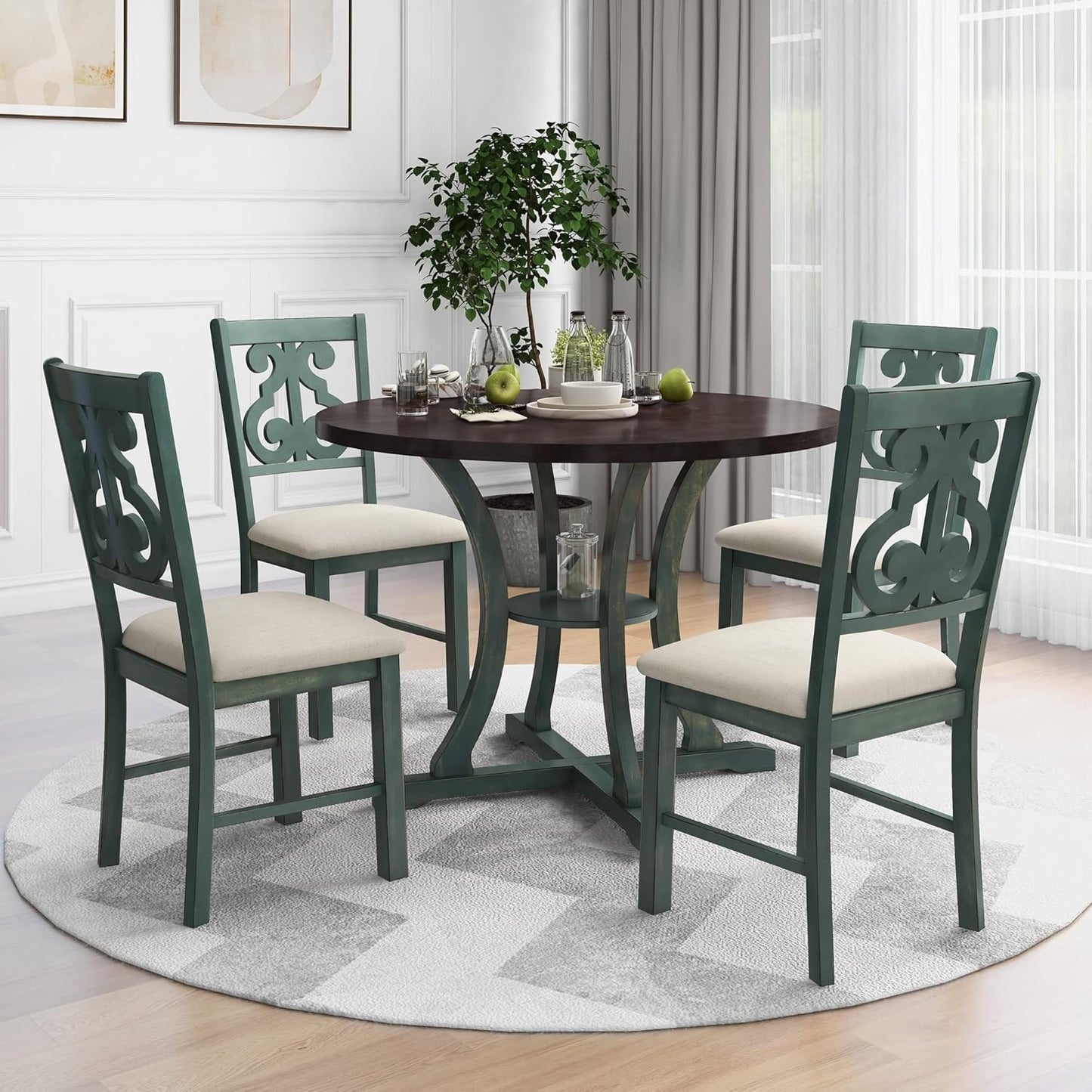 5-Piece Round Dining Table with Special-Shaped Table Legs and Storage Shelf,4 Fabric Chairs W/Cushioned Seat,for Dining Room Living Room,Antique Blue/Dark Brown