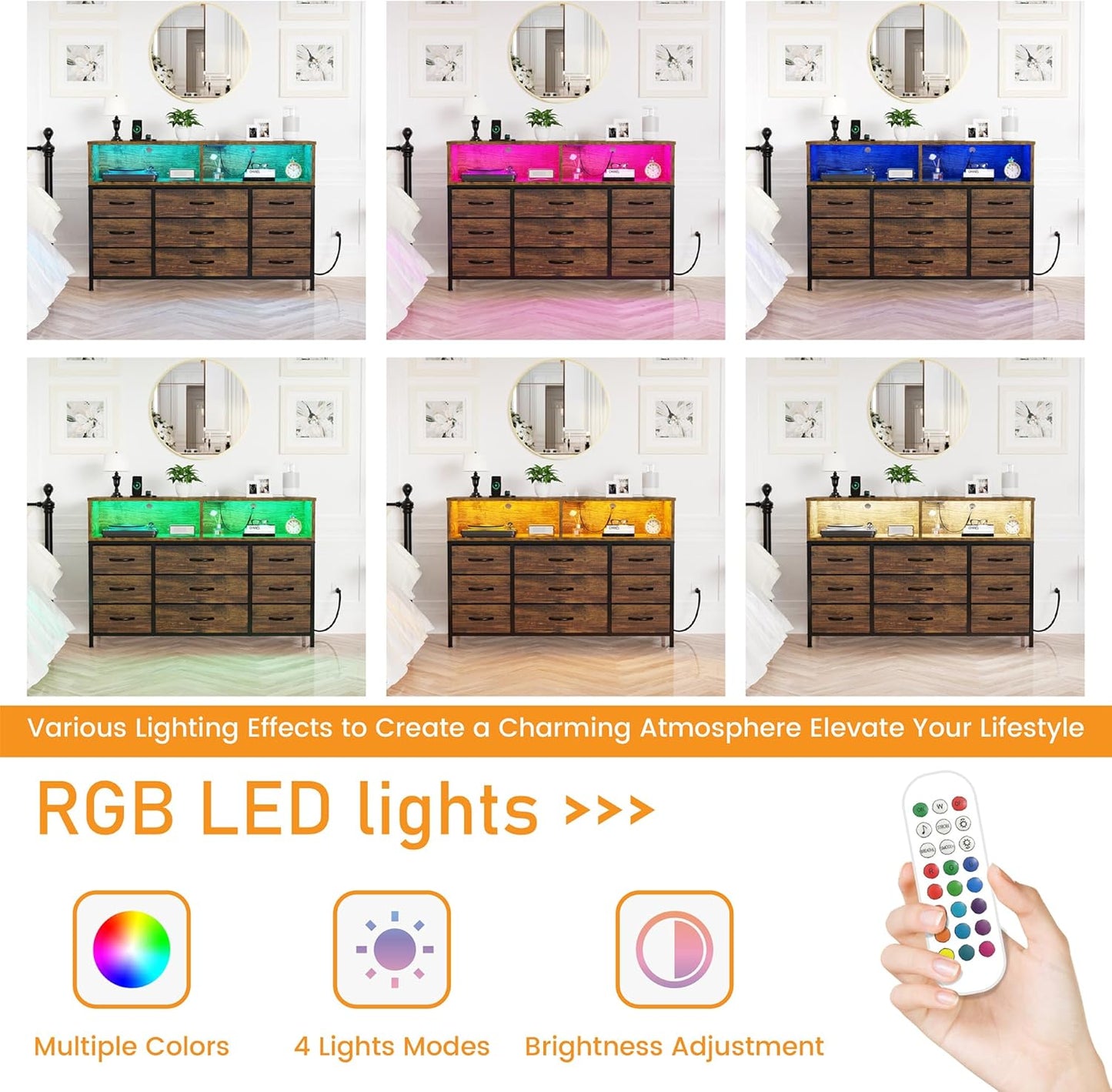 Dresser for Bedroom, 9 Drawers Led Dresser TV Stand with Power Outlets and LED Lights, Long Fabric Dressers Wide Chest of Drawers with Large Organizer for Living Room, Entryway, Hallway