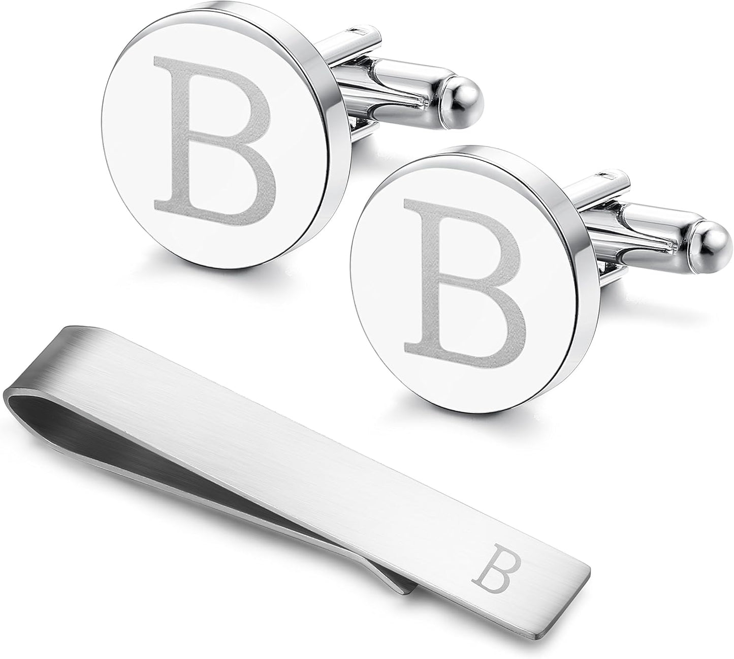 LOYALLOOK Stainless Steel Engraved Initial Cufflinks and Tie Clip Bar Set Alphabet Letter With Gift Box A-Z