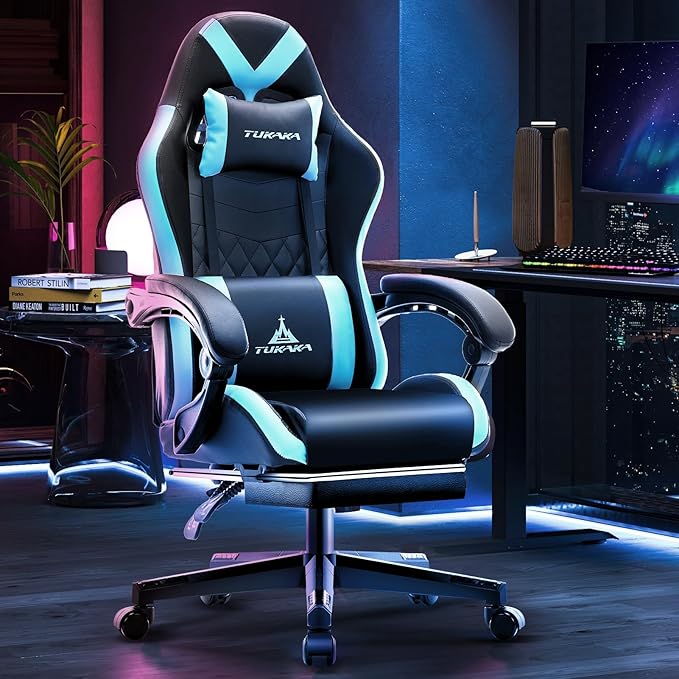 Gaming Chair,Ergonomic Massage Computer Office Desk Chair with Footrest,Pocket Spring Cushion,Reclining Leather Adjustable Gamer Chair with Headrest and Lumbar Support,Blue