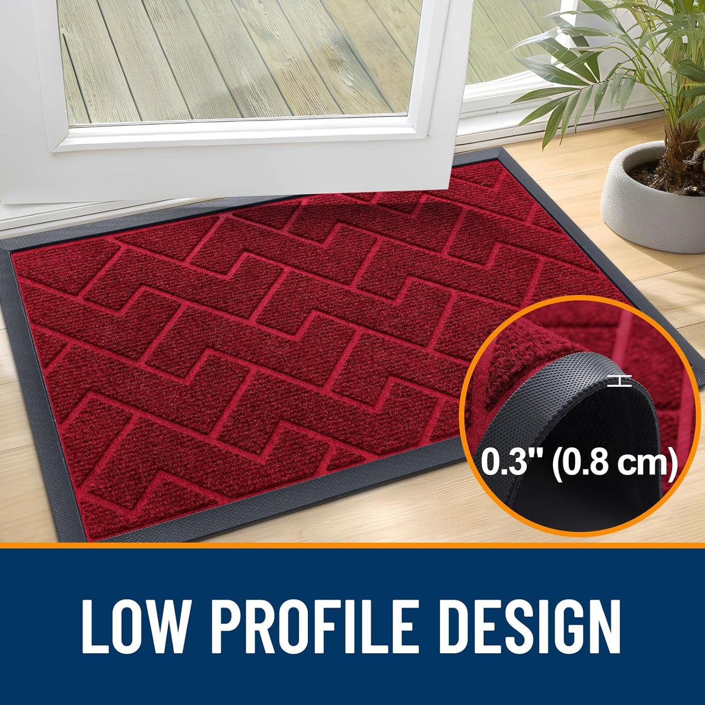 OLANLY Front Door Mat Indoor Outdoor Entrance, Waterproof All-Season, All-Weather Doormat, Sturdy Natural Rubber, Low Profile, Easy Clean Patio Porch Entryway Mat, Herringbone Brick (Wine Red, 47x17)